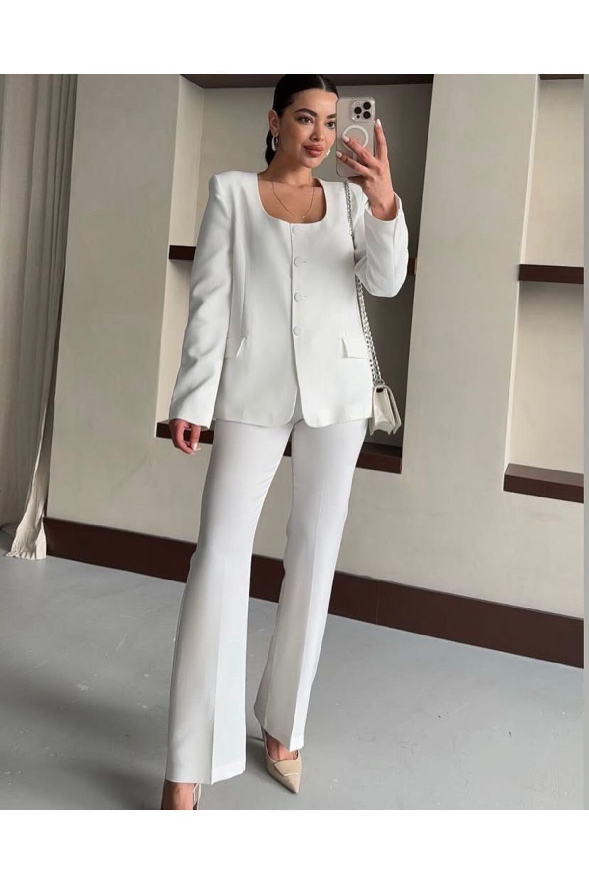 MODAGK Kadın Ikili Tasarım Kare Yaka Blazer Ceket Pantolon Takım