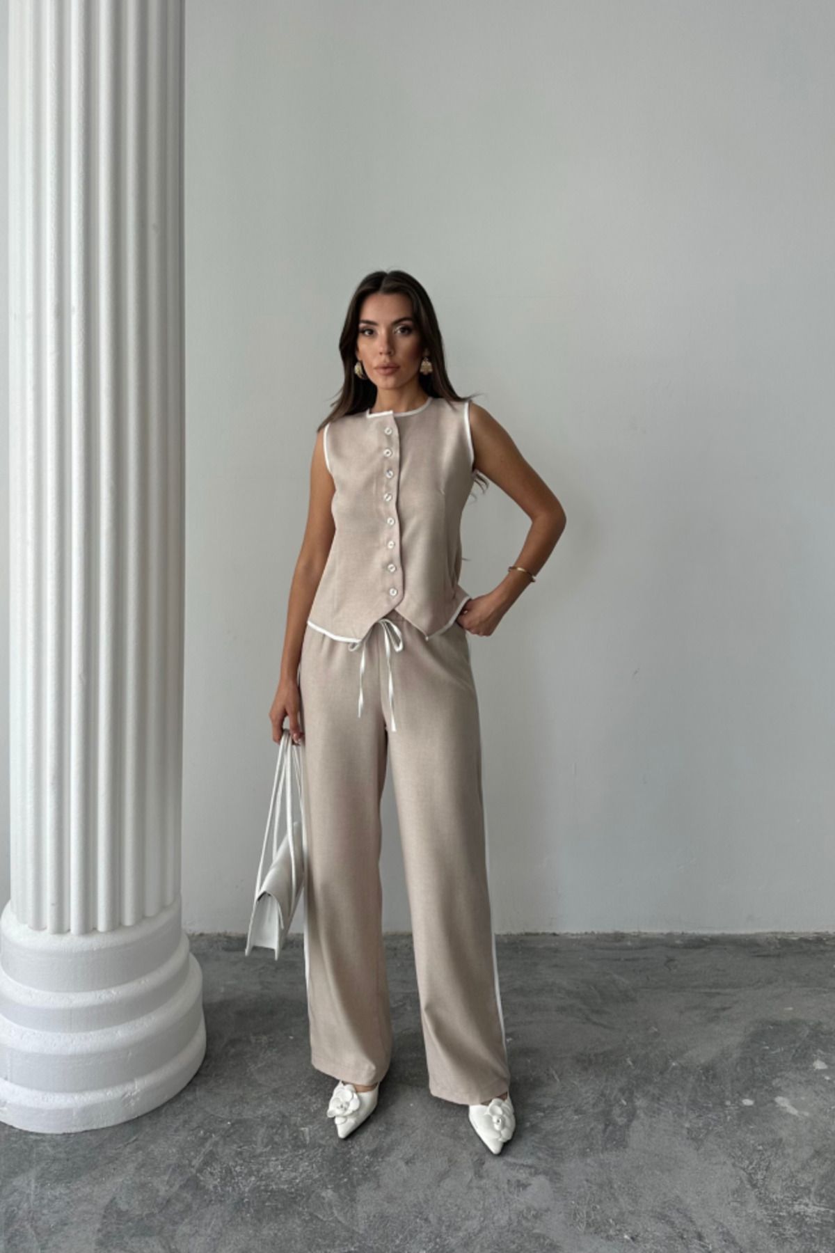 jupiter global bazaar KETEN KENARLARI BİYELİ YELEK - PANTOLON TAKIM - Bej