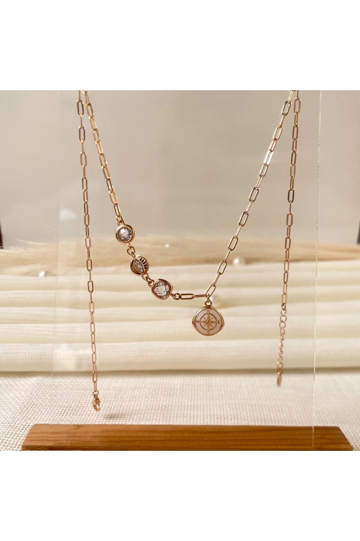 See Shine Accessory Rose Gold Pusula Uçlu Paslanmaz Çelik Kolye, Asimetrik Charm Kolye
