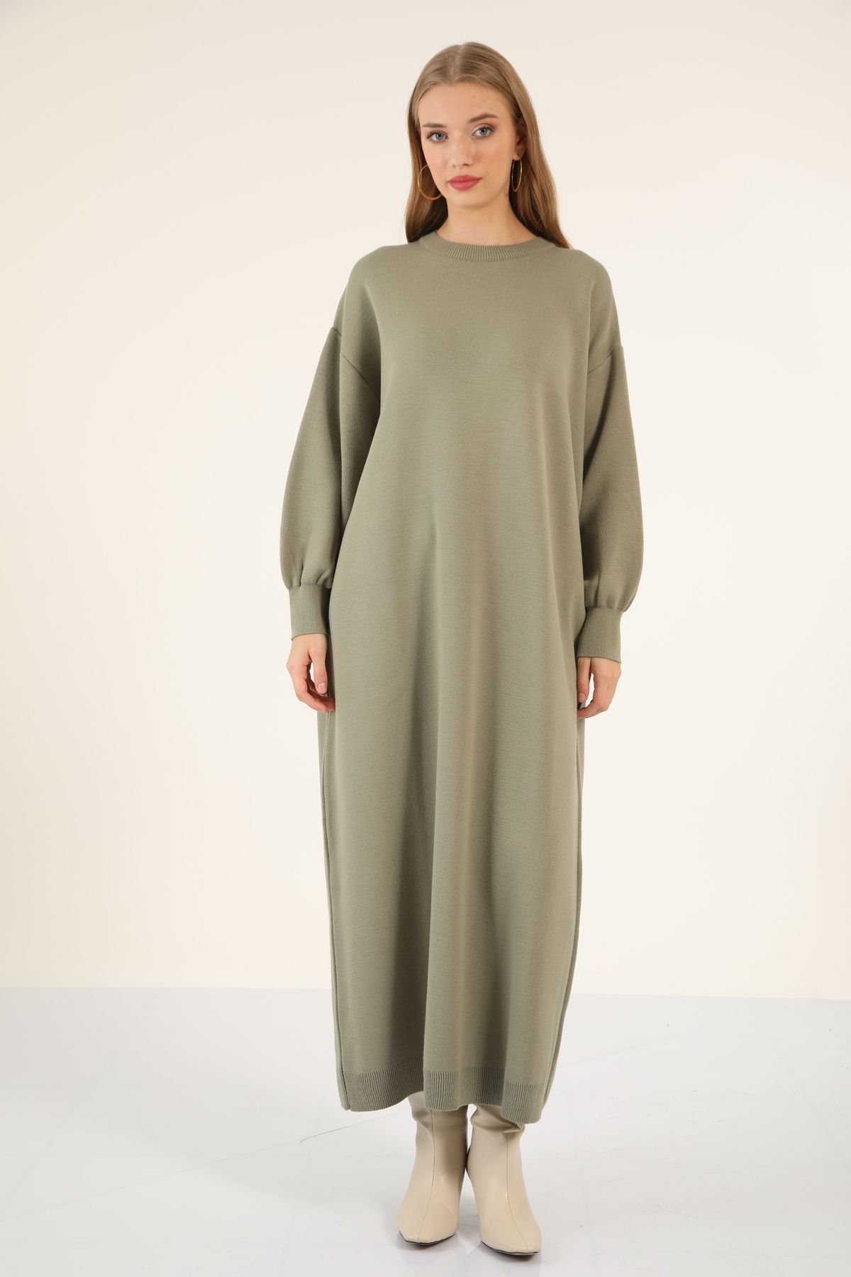 Suede Style 40461 Triko Rahat Salaş Şık Balon Kol Boydan Kadın Elbisesi