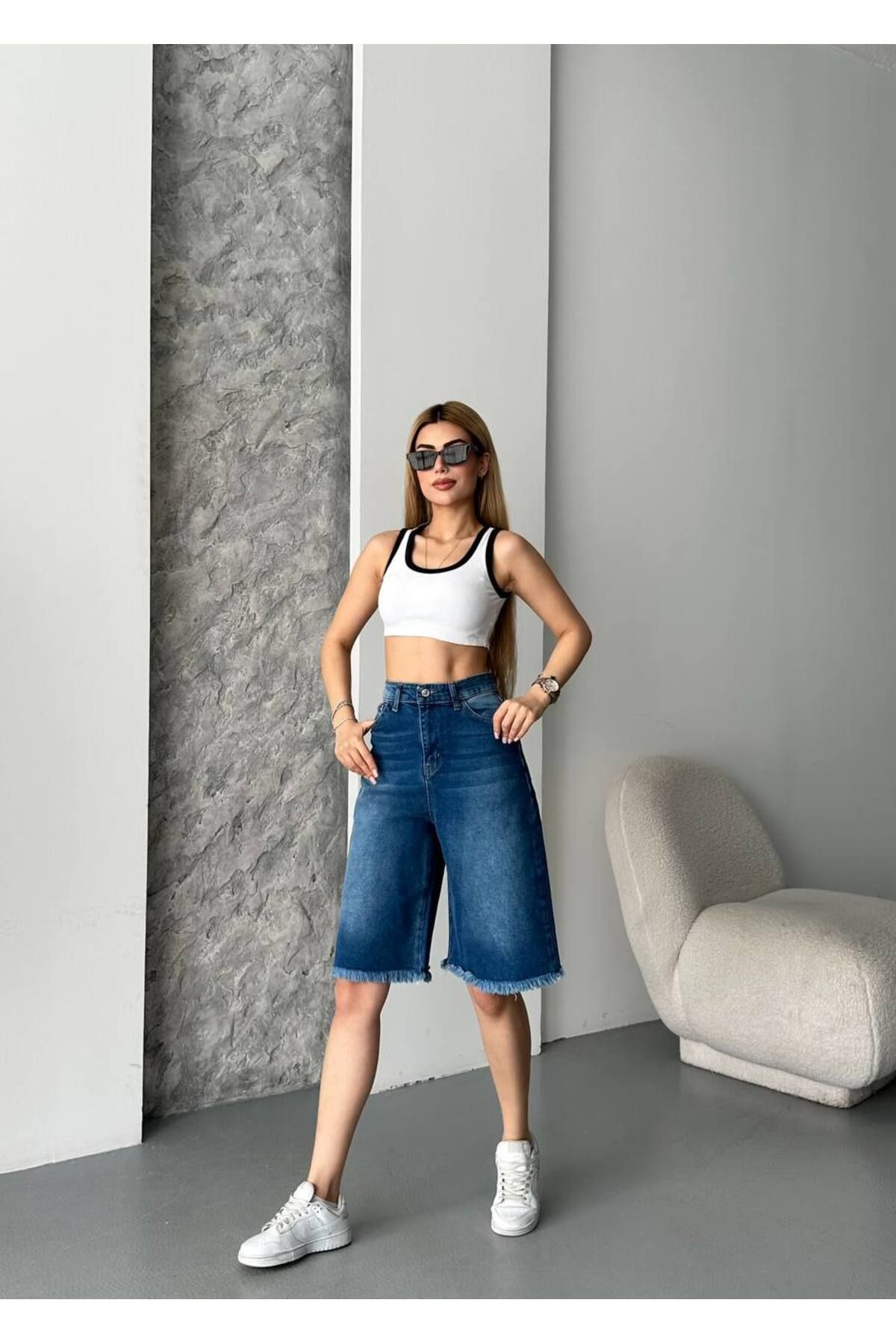 NİCE STYLE KADIN YIKAMALI KAPRİ KOT ŞÖRT