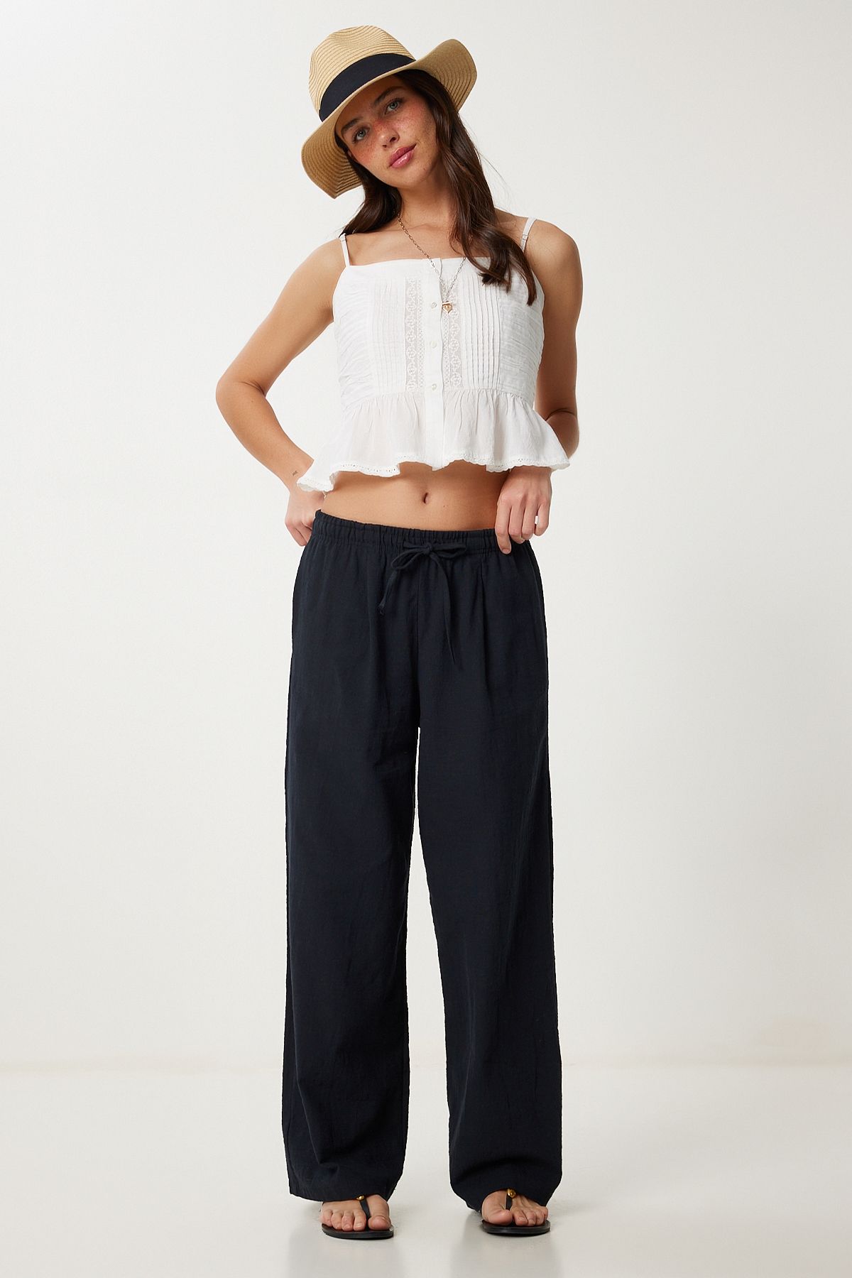 Lovelyİstanbul Geniş Paça Keten Pantolon SİYAH LUB0117