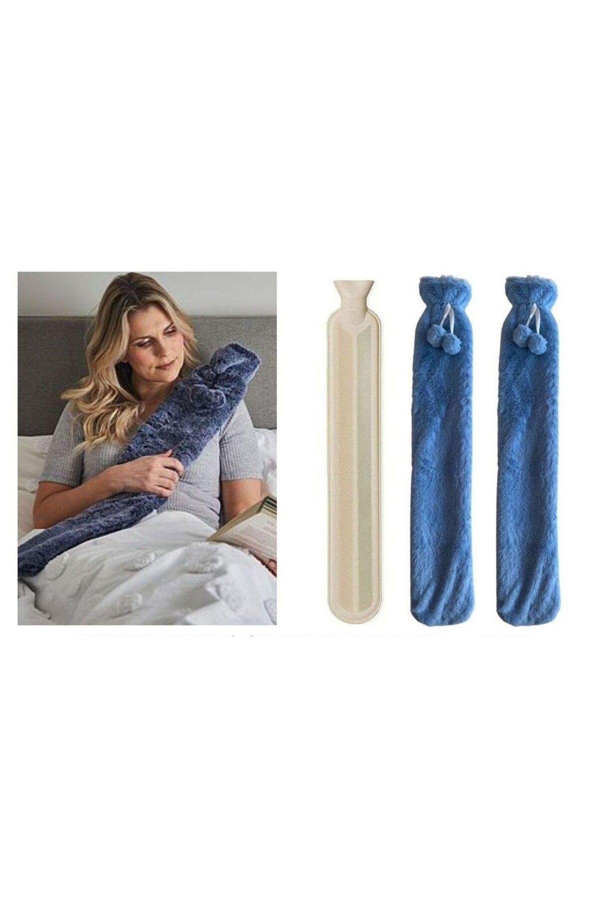 Bosphorus-Warm Water Bag 2 Pcs, 2Lt Thermofor with Long Plush Blue Pompom for Neck and Shoulder 75X13Cm 3