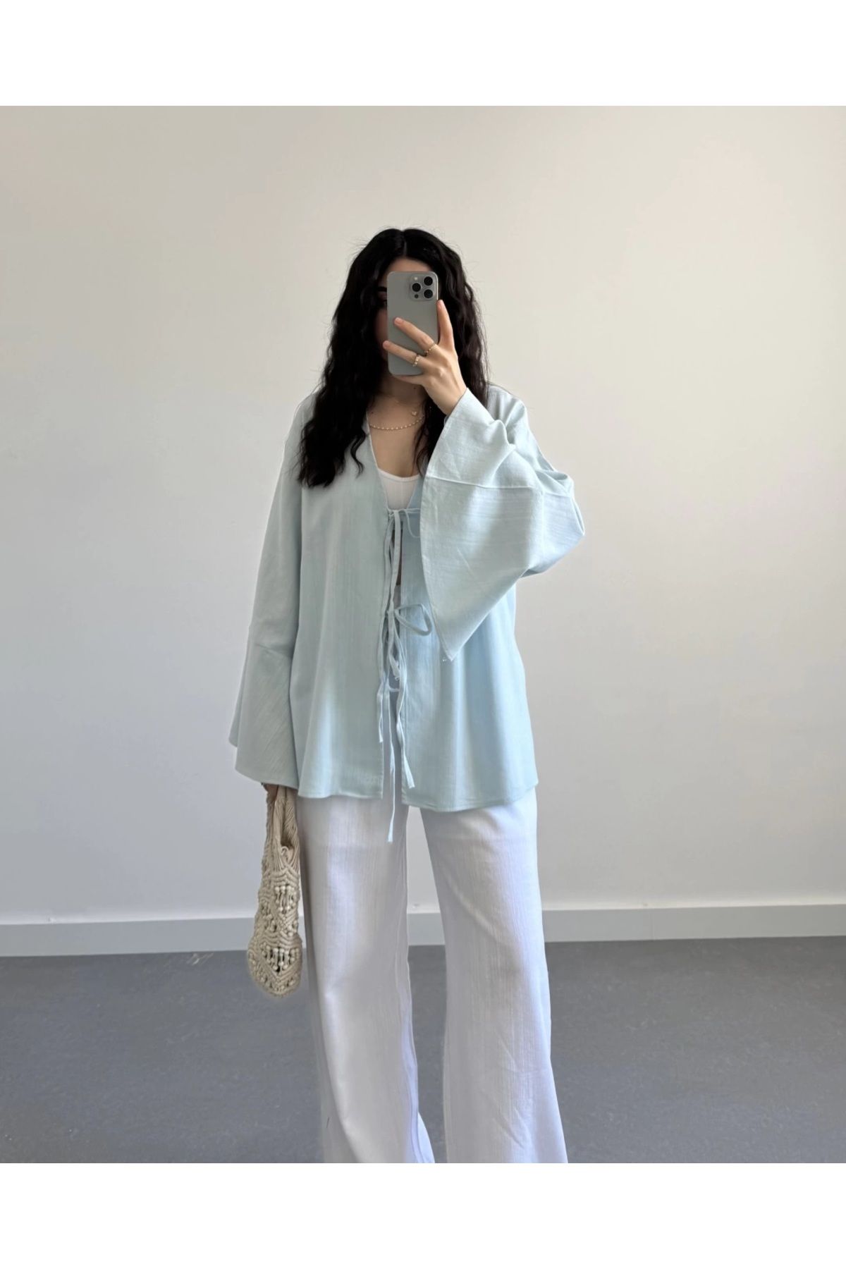 minikonsept MORVİNA BUTİK Kadın Bebe Mavi Keten Kimono Yelek - Bağlamalı Yazlık Oversize Dökümlü Hırka