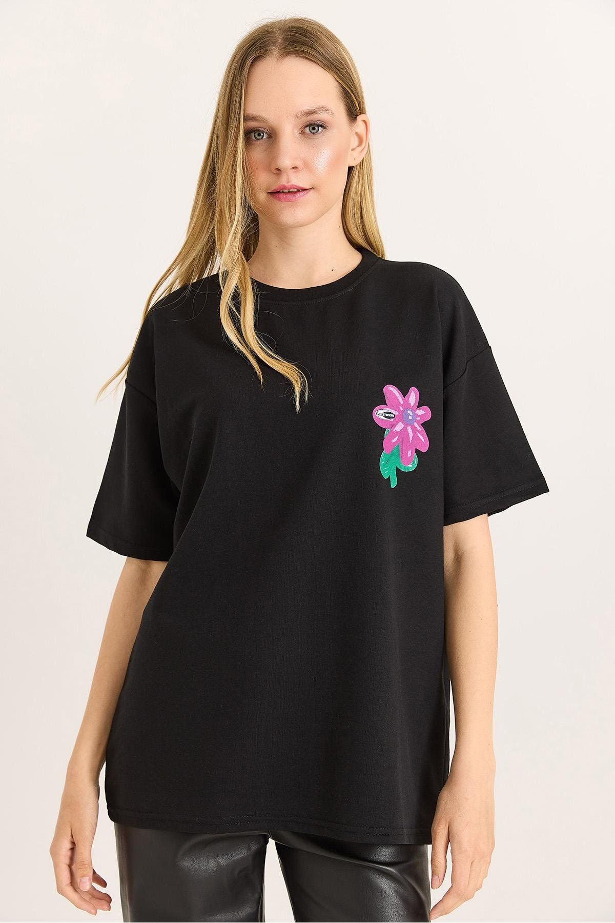 Raneel Kazançlı Alışveriş Baskılı Bisiklet Yaka Basic Tshirt Siyah