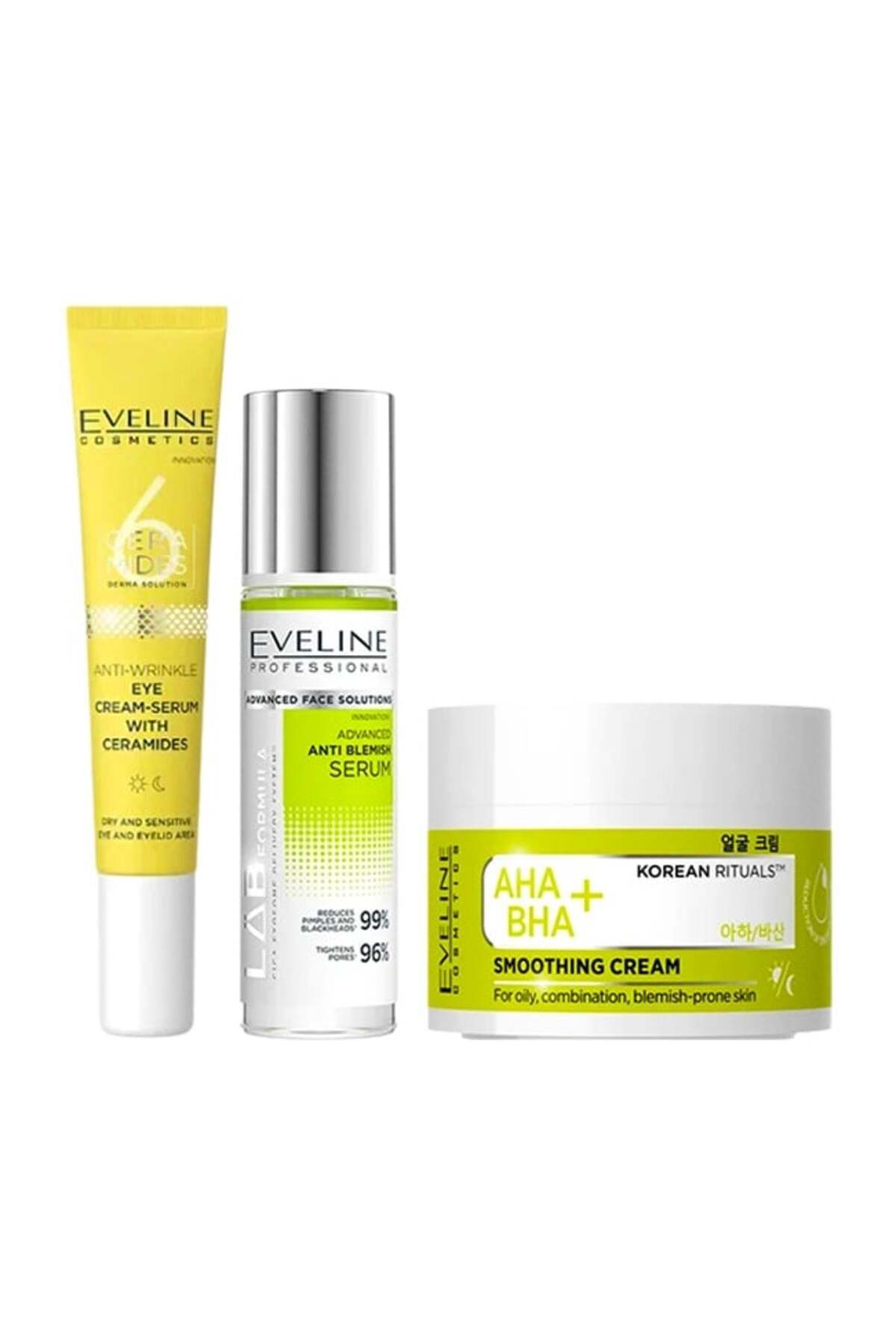 Eveline Cosmetics-set Cremă de netezire AHA+BHA 50 ml, Ser anti-imperfecțiuni 30 ml, Cremă pentru ochi 20 ml 1