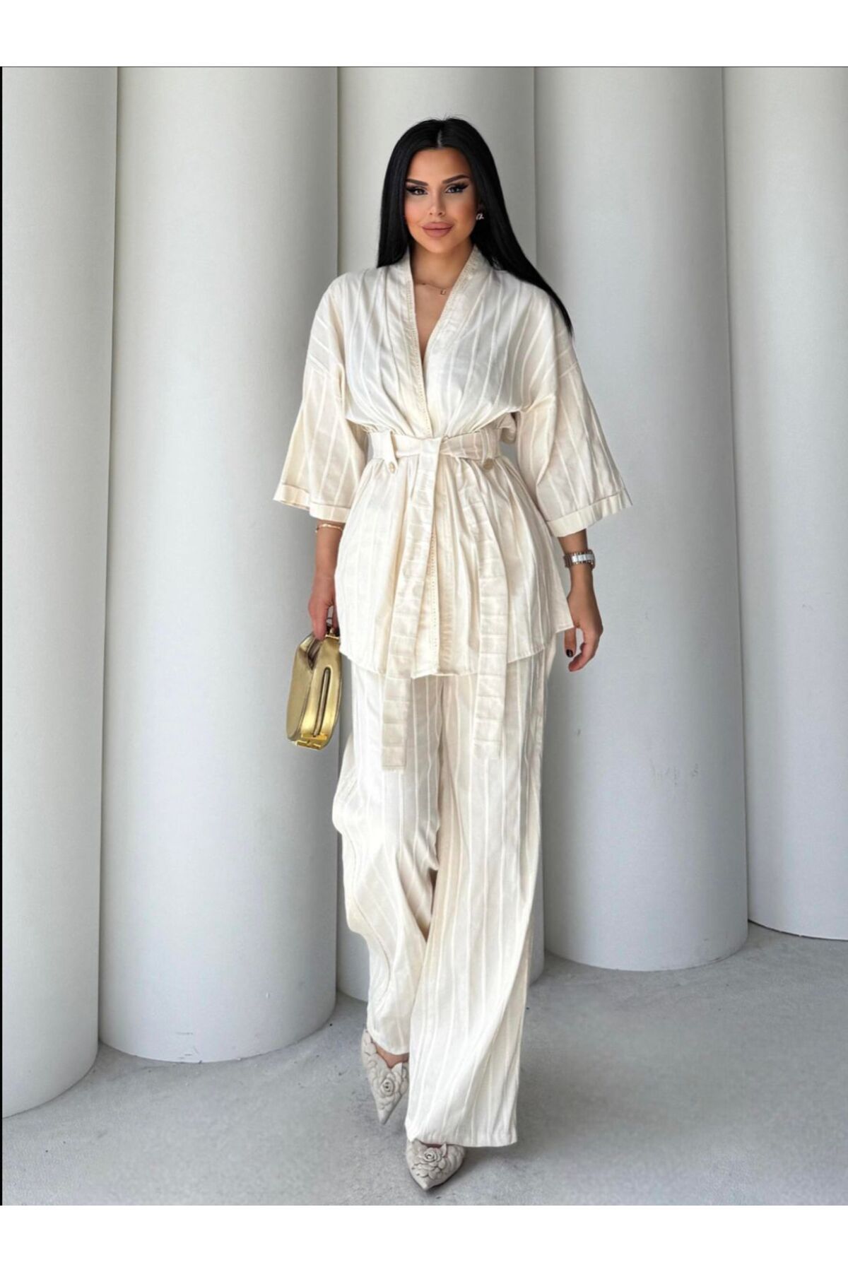 EGZOTİK ASORTİK Dantel Detaylı Kimono Pantolon İkili Keten Takım