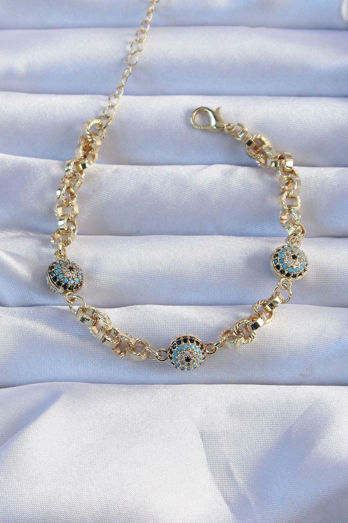 OurStyles 316L Çelik Vip Seri Altın Renk Zirkon Taşlı Nazarlı Bileklik - TJ-BB6393
