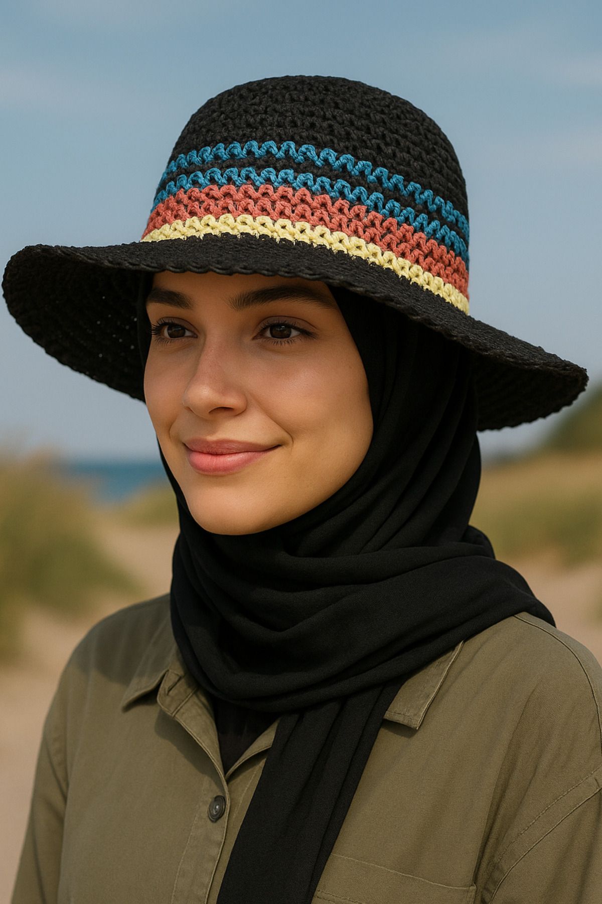 Mavelle Kadın Camel Renk Şeritli Yazlık Hasır Şapka