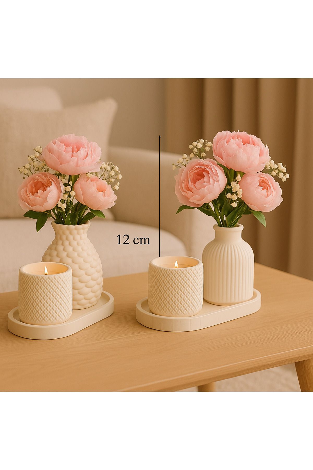 aymumi home Çiçekli Seramik Vazo ve Mum Seti – 2’li Dekoratif Masa Süsü