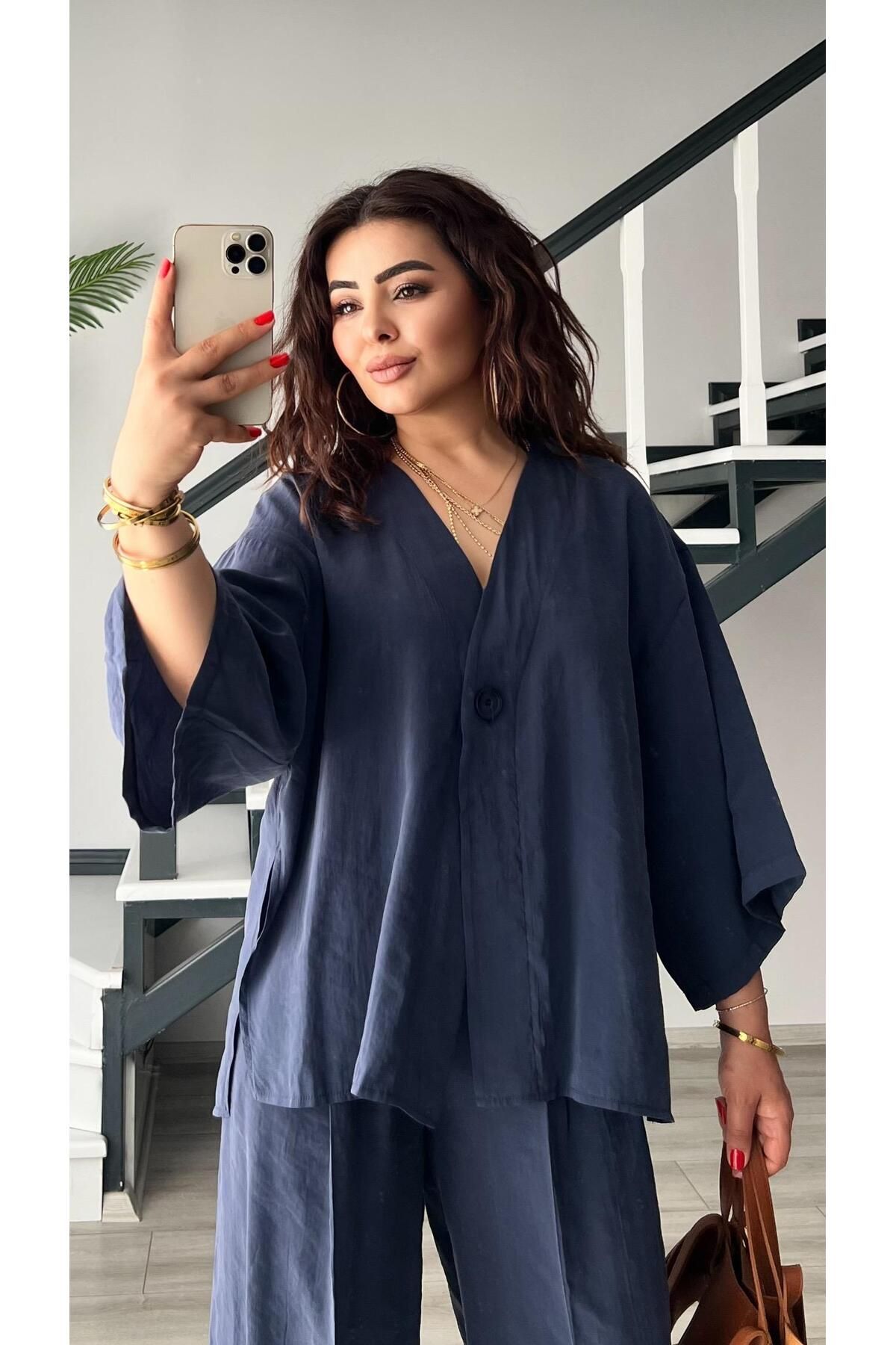 Oslove İndigo Tnsel Tek Düğme Bluz