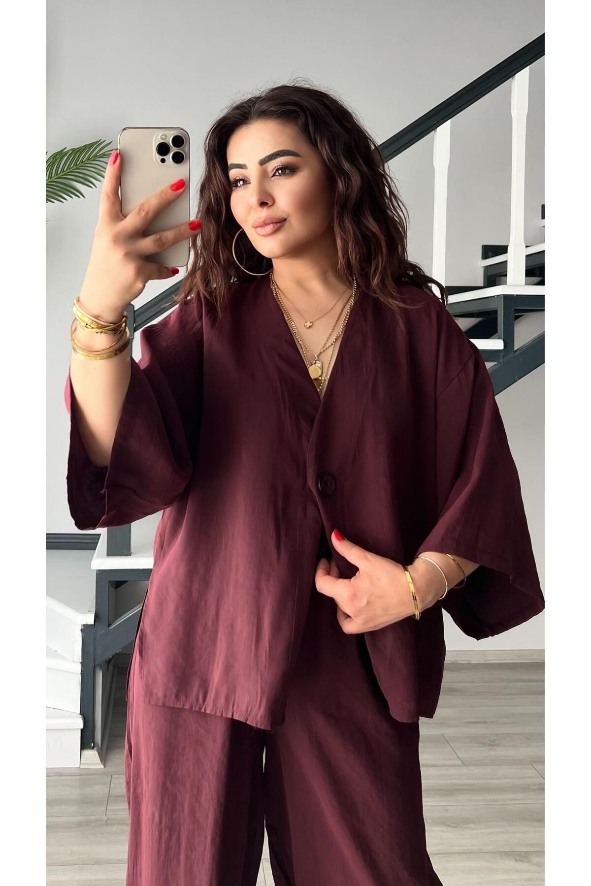Oslove Mürdüm Tnsel Tek Düğme Bluz