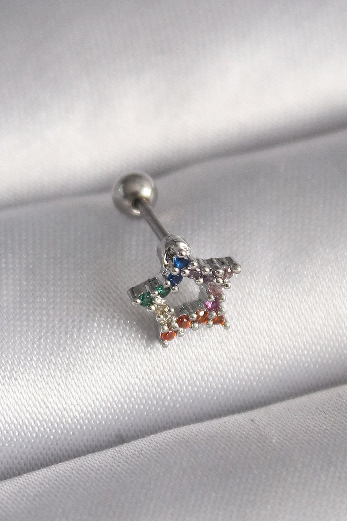 OurStyles 316L Çelik Gümüş Renk Renkli Zirkon Taşlı Yıldız Model Tragus Piercing - TJ-PR1355