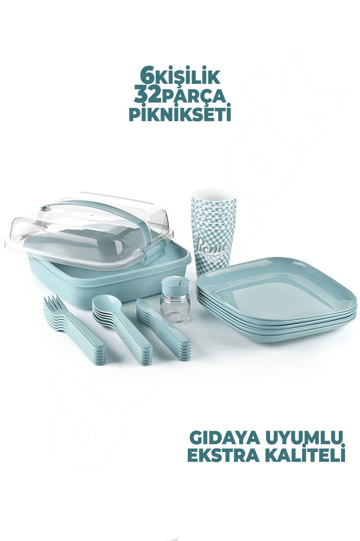 Destpak 6 Kişilik 32 PARÇA Piknik Seti Plastik Piknik Tabak Kaşık Bardak Mikrodalga Bulaşık Makinesi Uyumlu