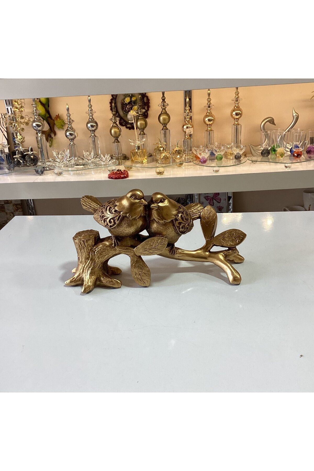 Gold home design Dekoratif Dallı Çift Kuş Altın Rengi