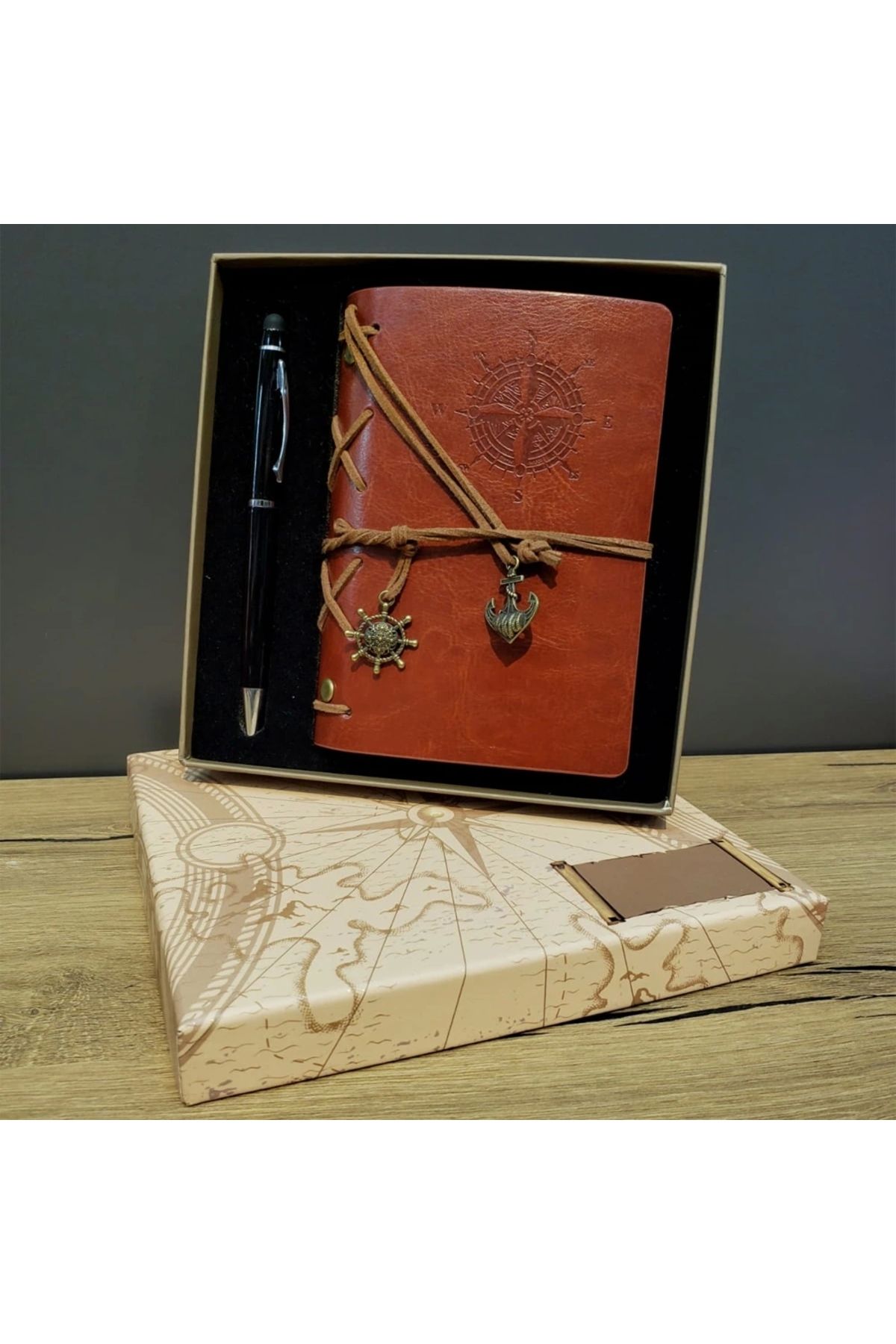 OurStyles Pusula Baskılı Deri Defter Kalem Seti