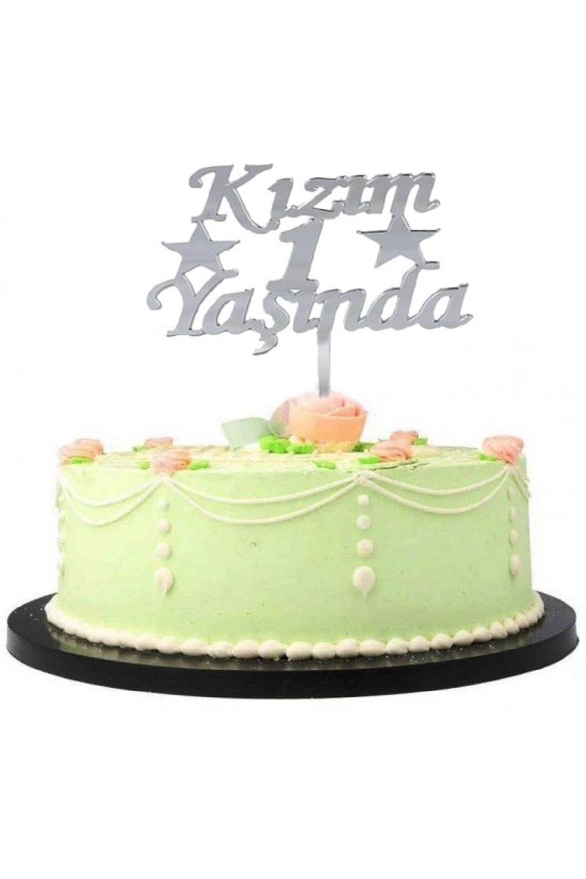 minaydan Kızım 1 Yaşında İlk Yaş Doğum Günü Partisi Pleksi Pasta Süsü Gümüş Renk