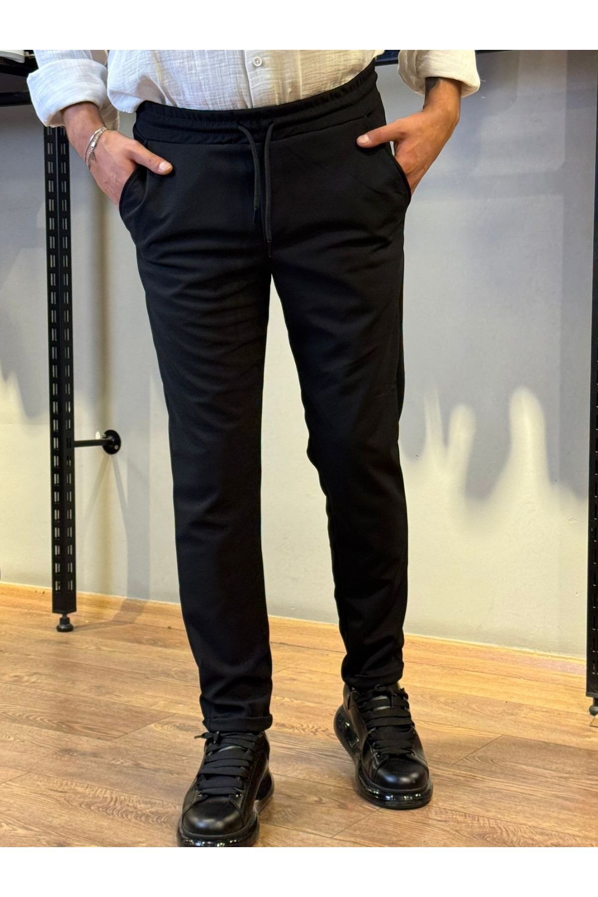 DEEPSENCE Erkek Siyah Jogger Beli Lastikli Bağcıklı Duble Paça Likralı Rahat Kalıp Pantolon