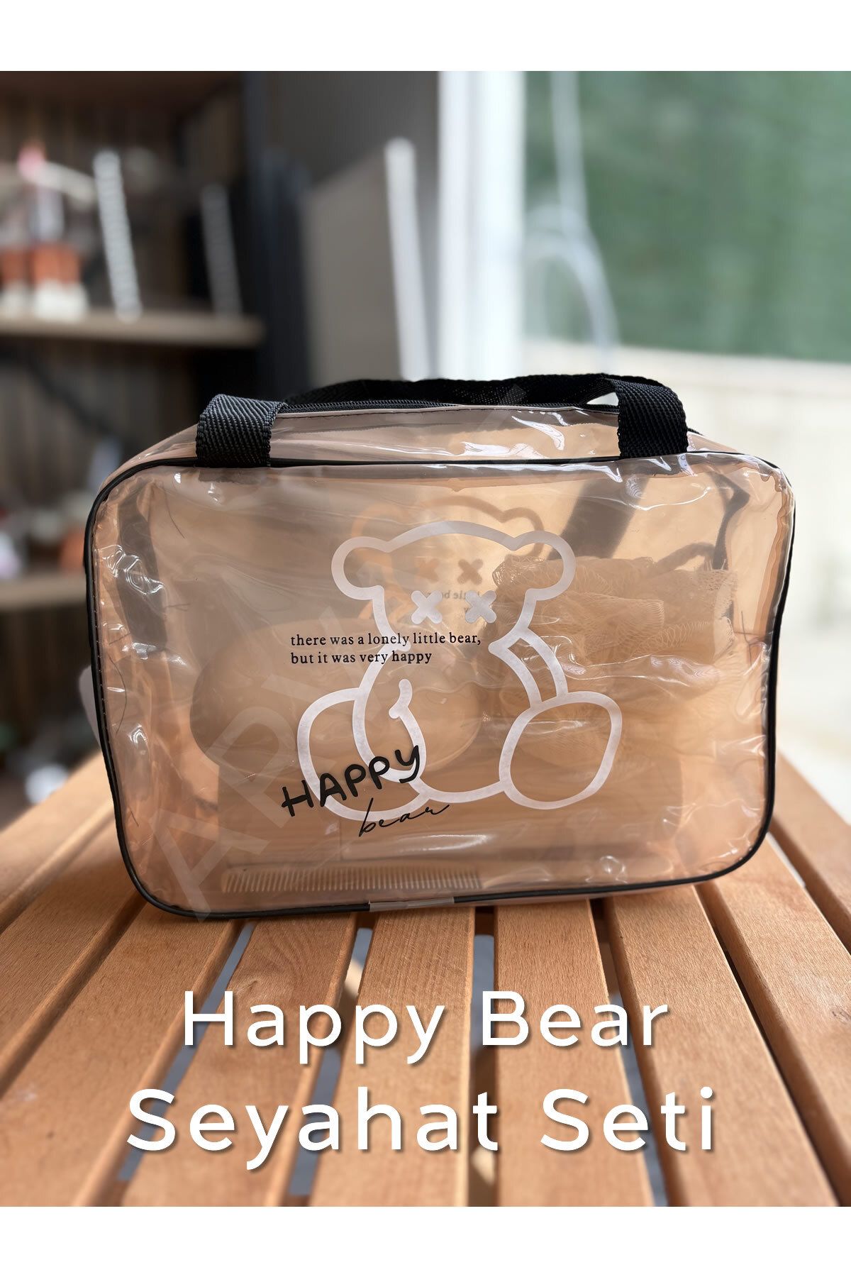 ARVALE HAPPY BEAR Seyahat Seti | Şeffaf Organizer Çanta ile Duş Lifi, Sabunluk, Tarak