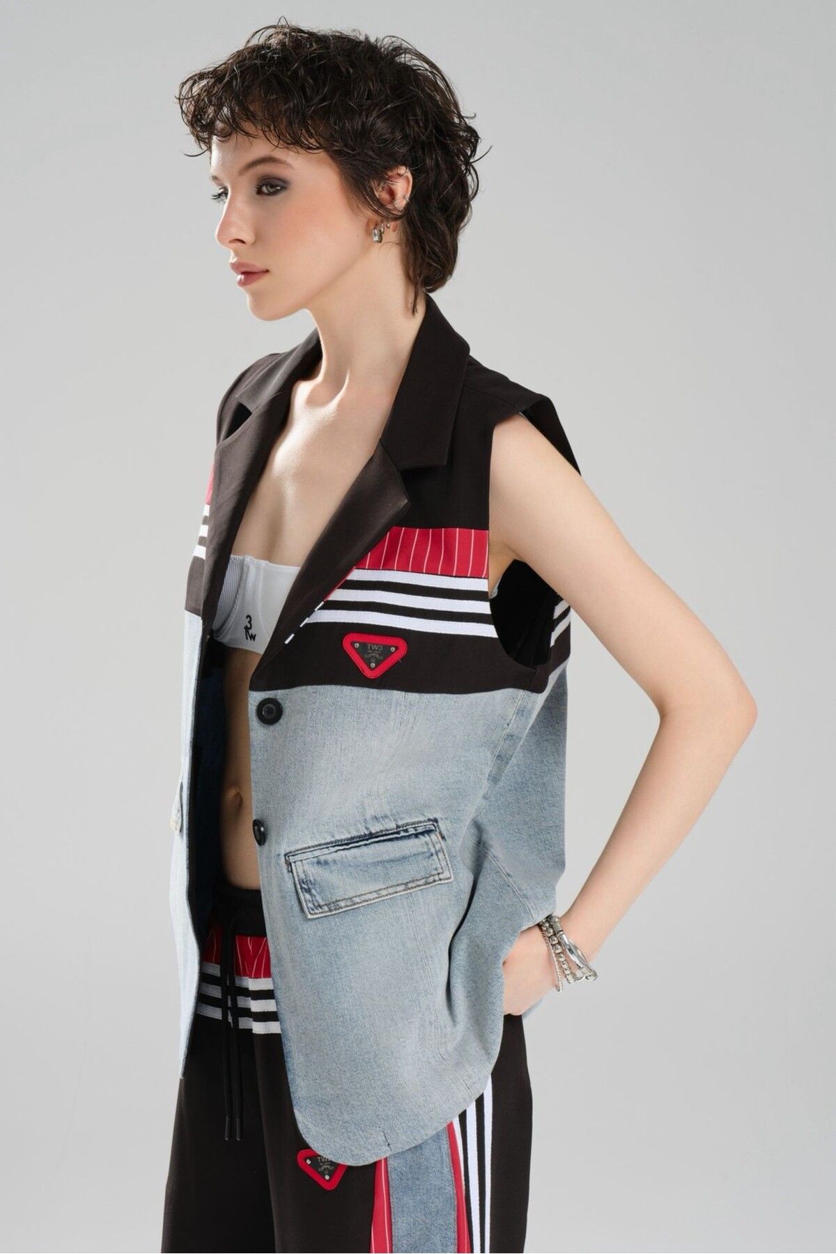 tw3 Kadın Şerit Detaylı ve Denim Garnili Tasarım Oversize Yelek