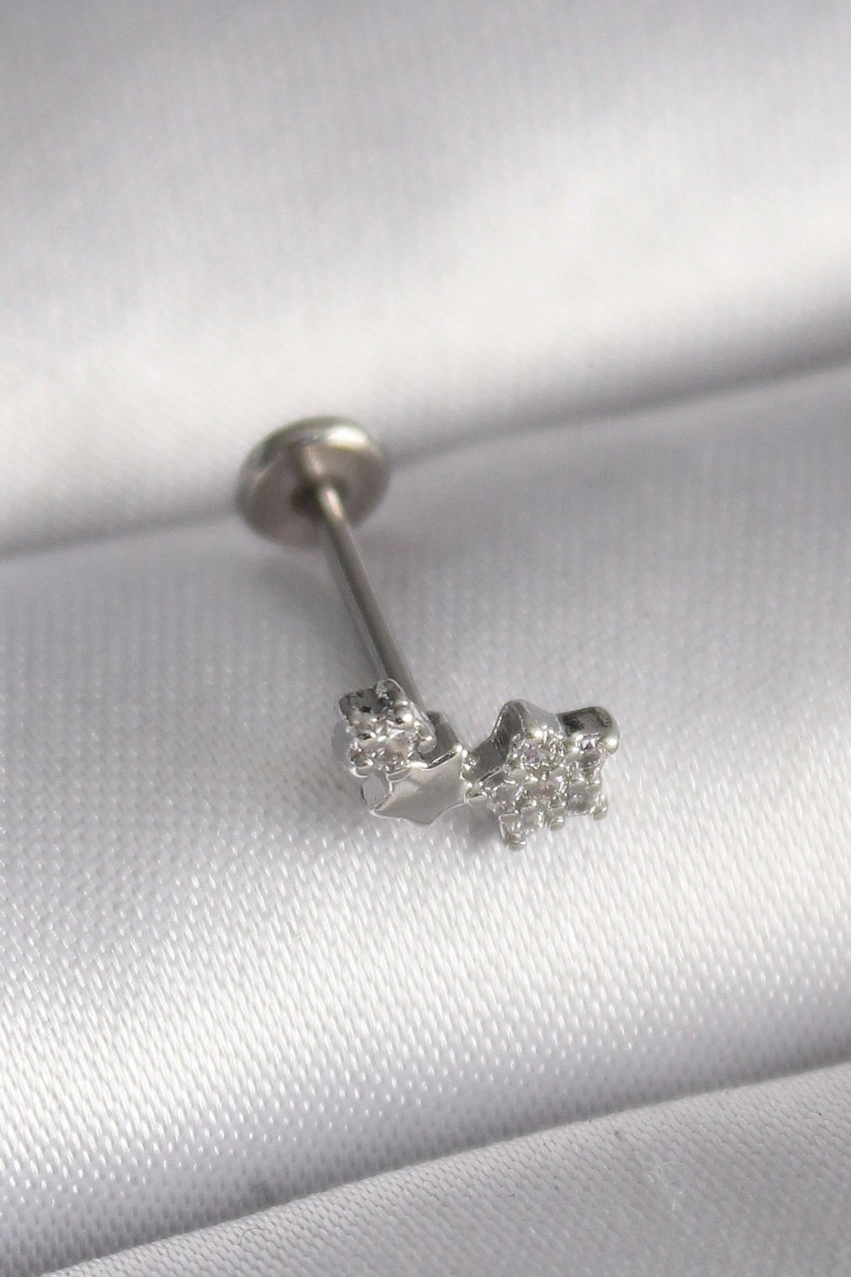 OurStyles 316L Çelik Gümüş Renk Zirkon Taşlı Yıldız Model Tragus Piercing - TJ-PR1353