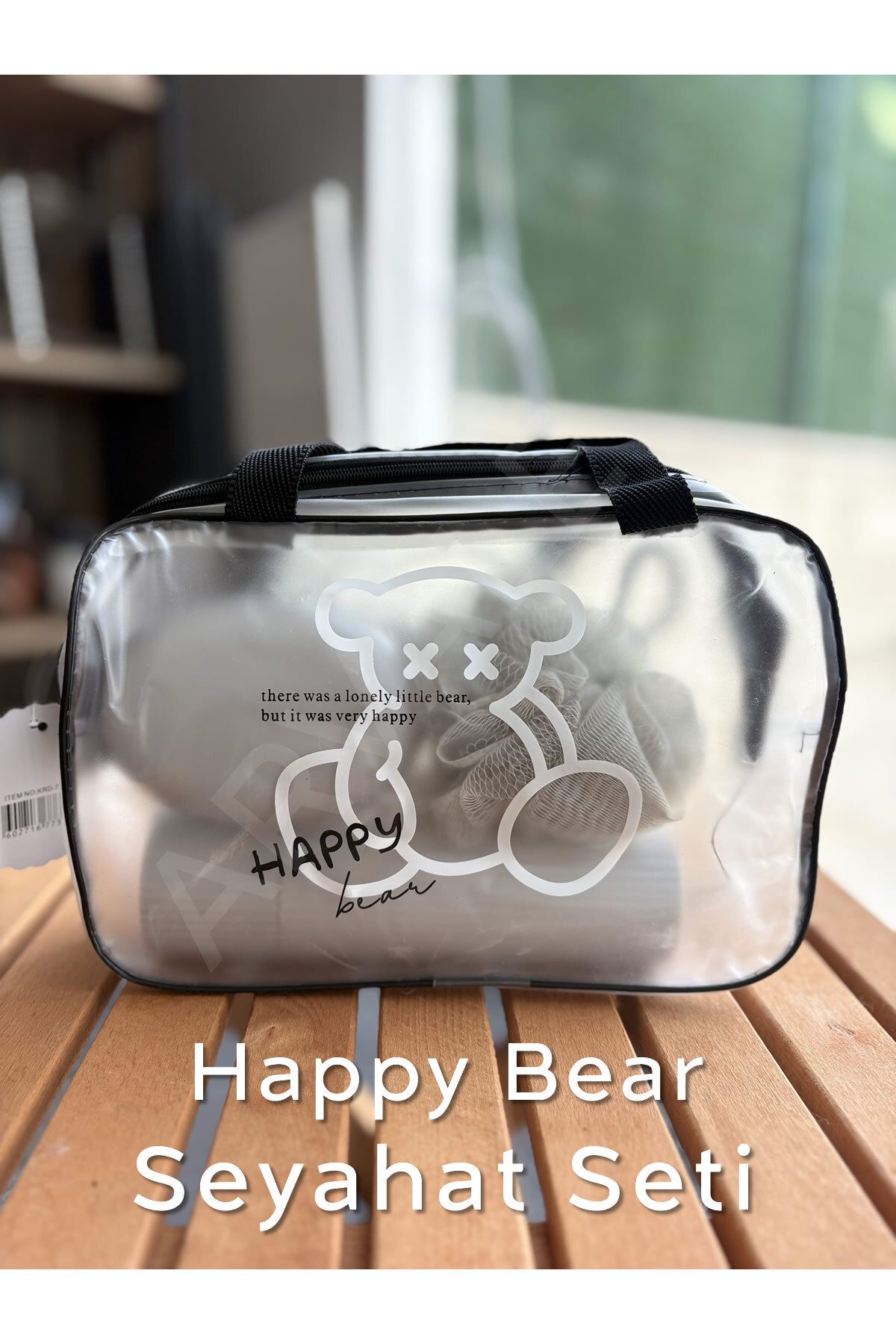 ARVALE HAPPY BEAR Seyahat Seti | Şeffaf Organizer Çanta ile Duş Lifi, Sabunluk, Tarak