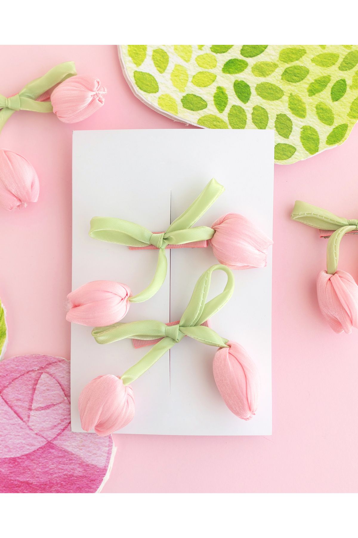 chipiques 2'li Lale Figürlü Elyaf Dogulu Pastel Saten Fiyonk Klips Seti