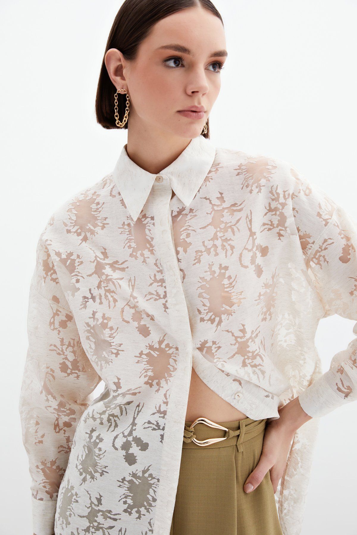 Sateen-Self Patterned Casual Shirt - Cream 4