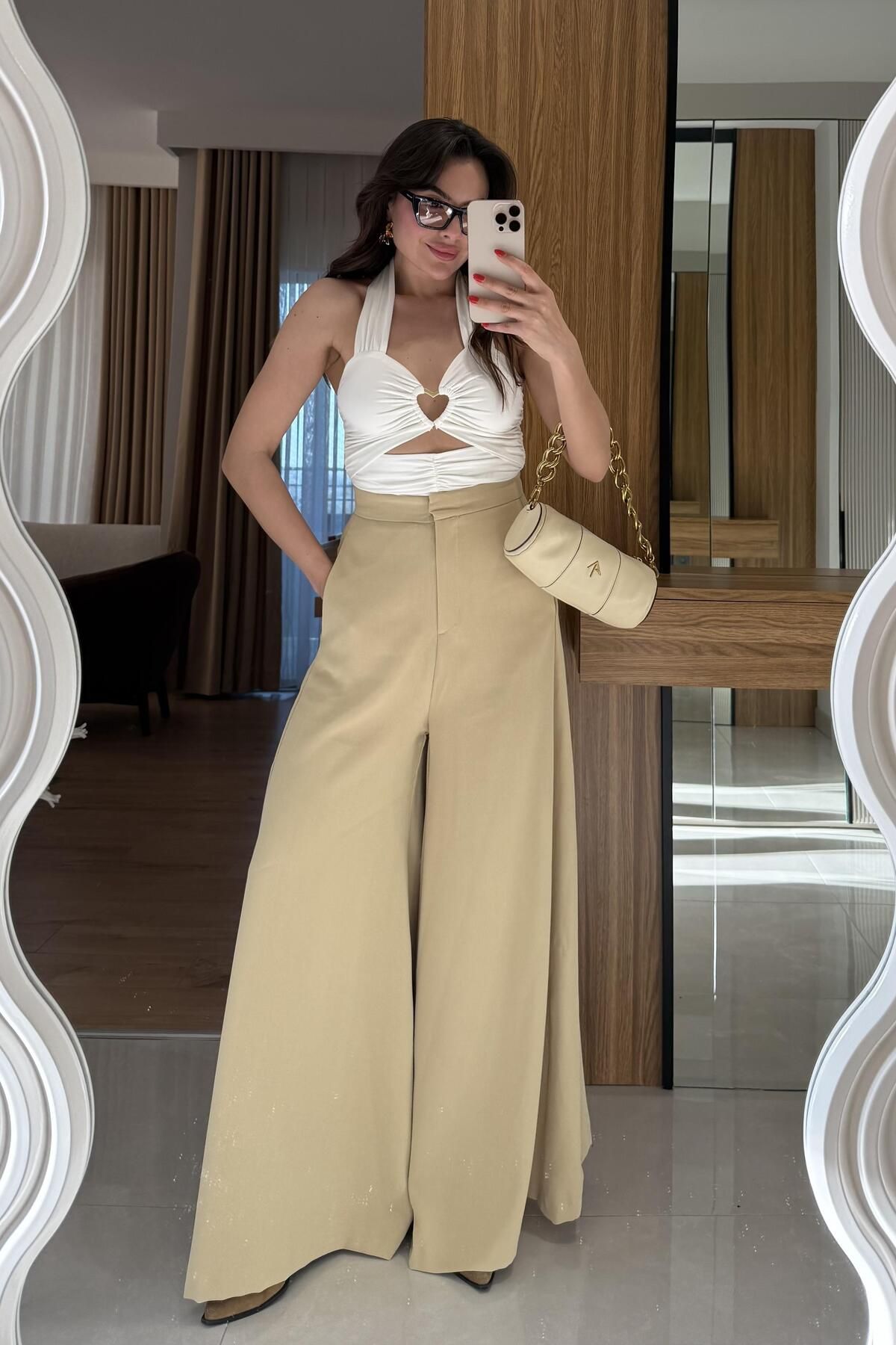Gizem Ecemiş Amely Açık Sarı Geniş Paça Pantolon