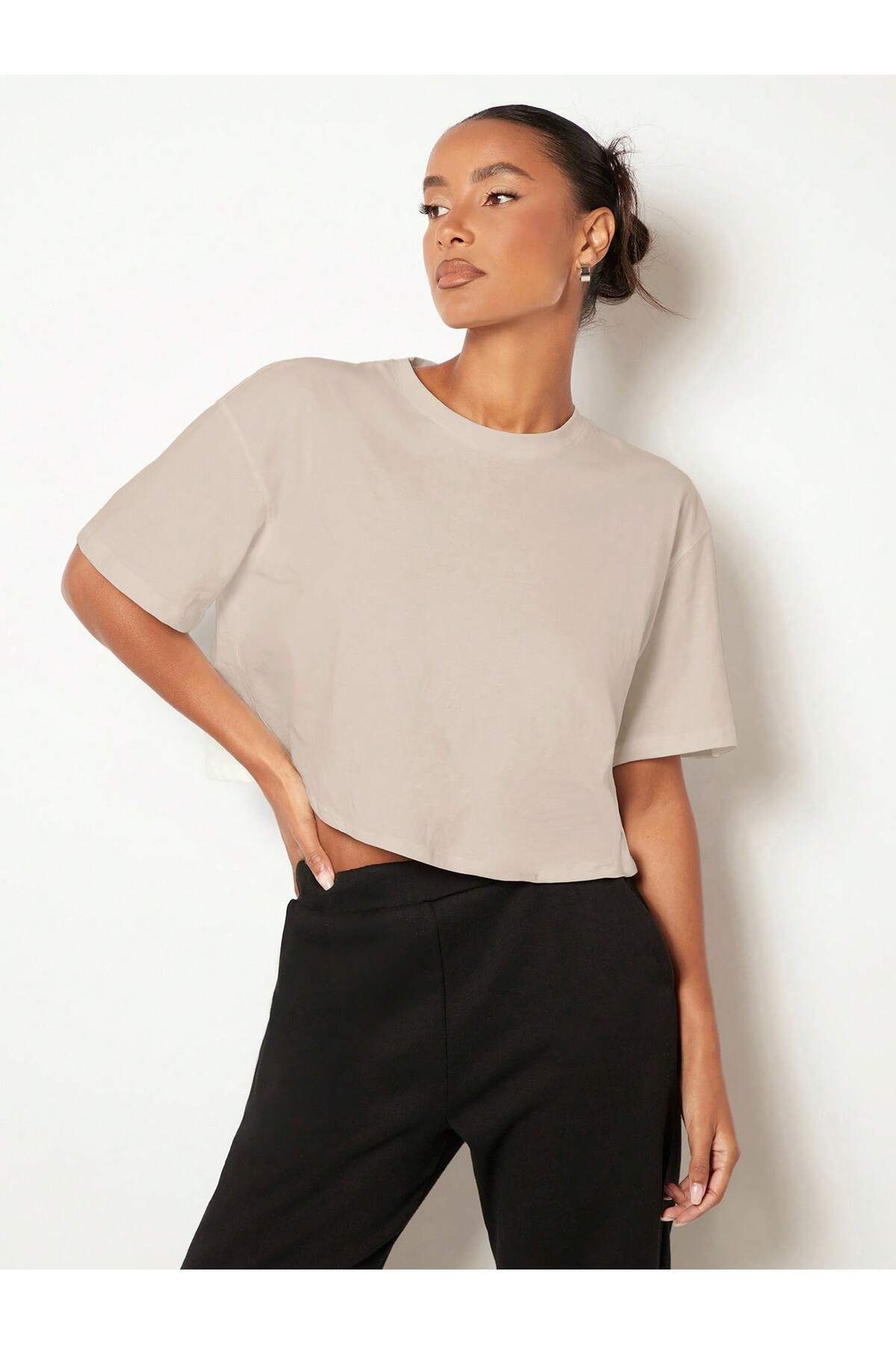 Gollinger KADIN Rahat Kesim Bisiklet Yaka Crop T-shirt