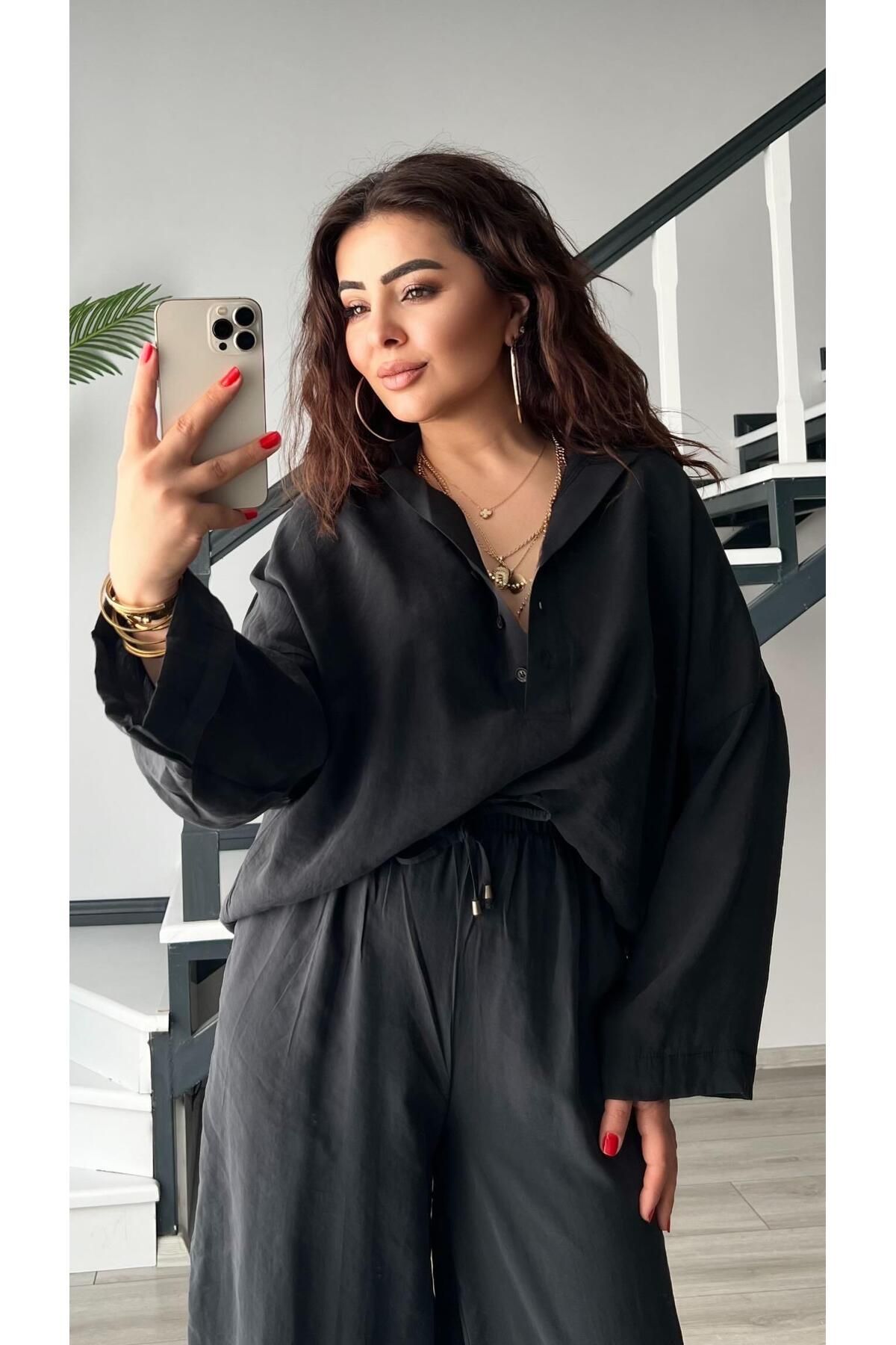 Oslove Siyah Tnsel Gömlek Yaka Bluz