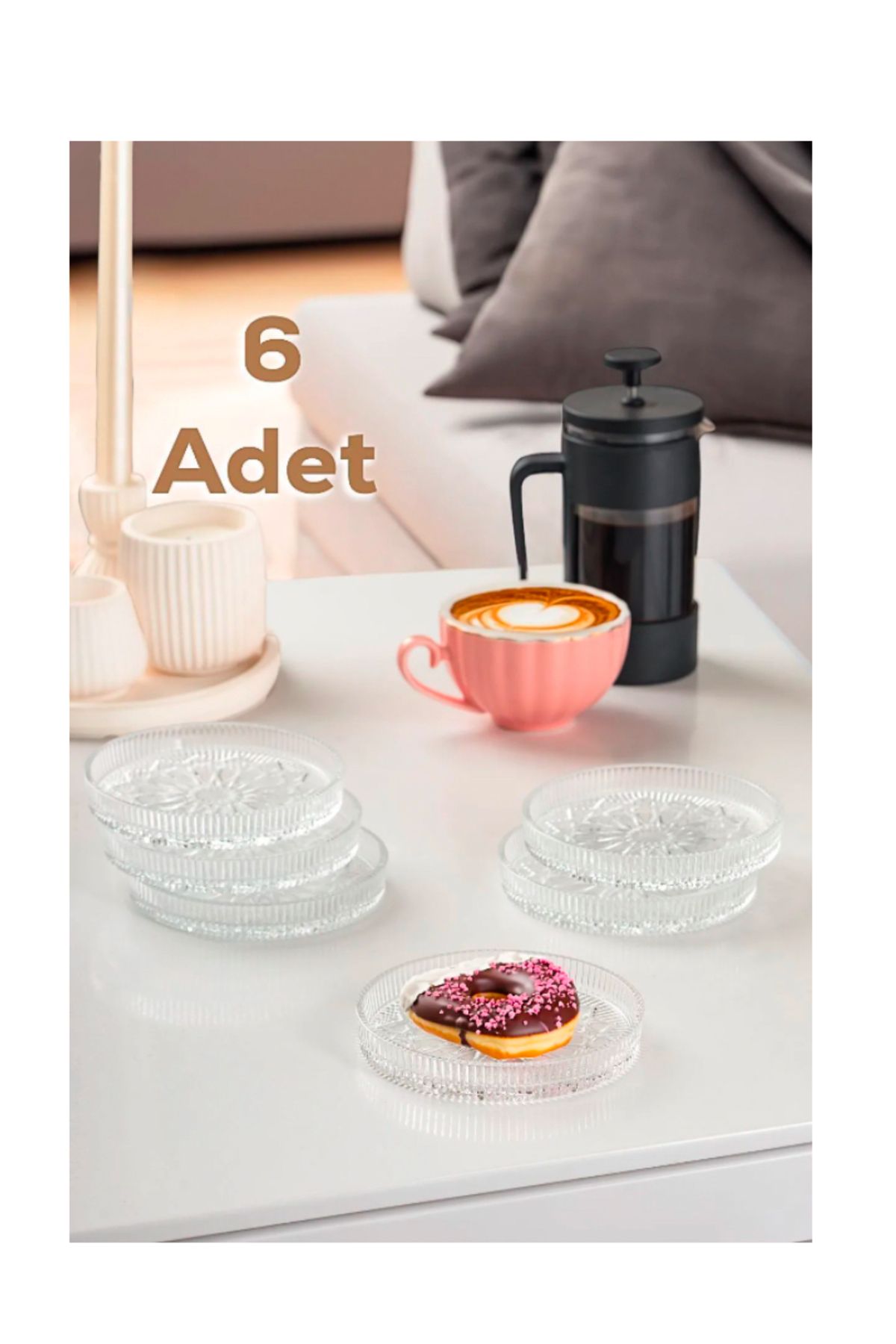 CeysHOME Elusia Desenli Dik Tabak - 6 Lı Cam Sunumluk Pasta Kurabiye Kek Ikram Servis Tabağı-12 Cm