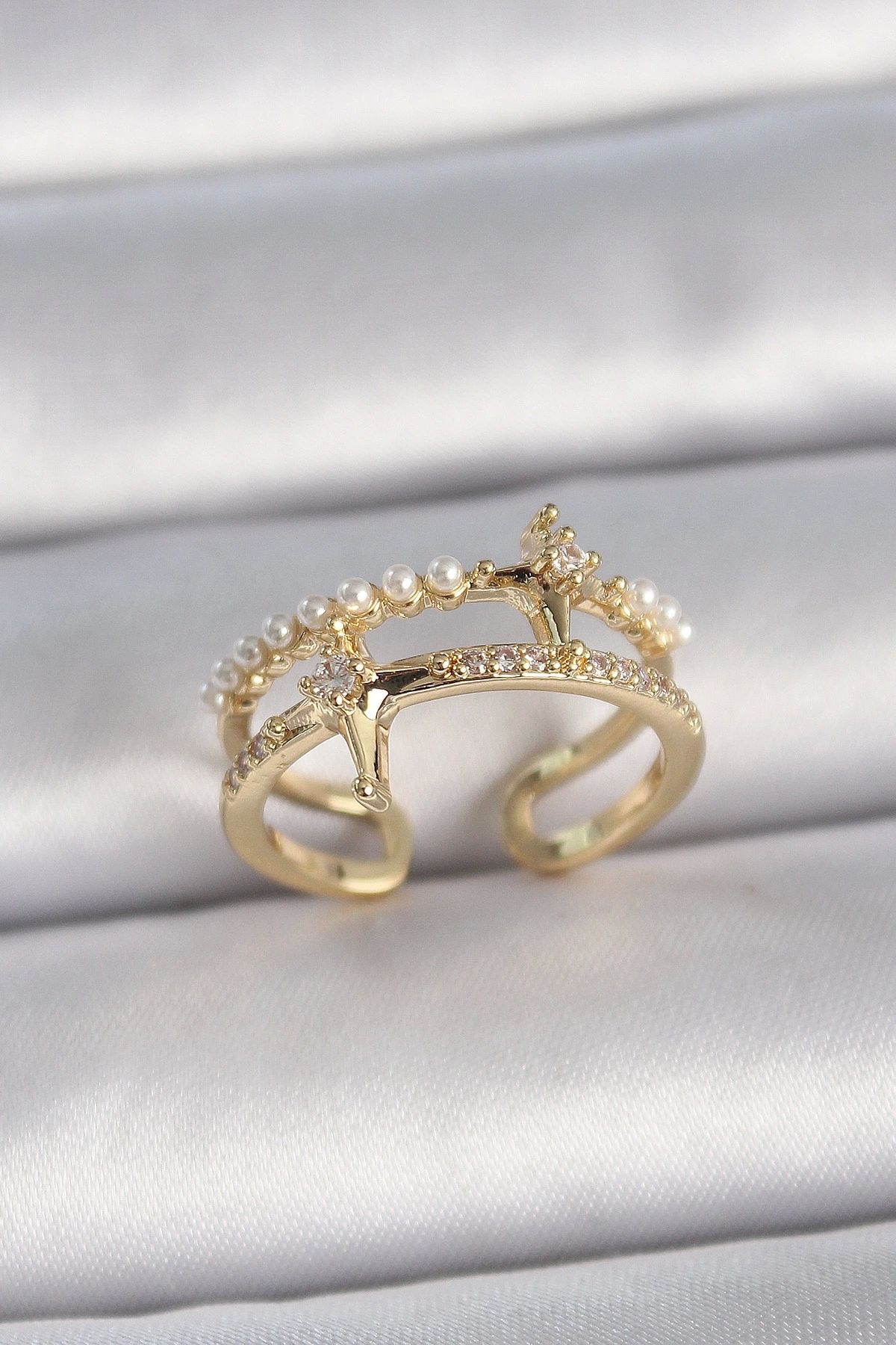 OurStyles Pirinç Gold Renk Ayarlanabilir Zirkon Taşlı İncili Yıldız Model Kadın Yüzük - TJ-BYK3392