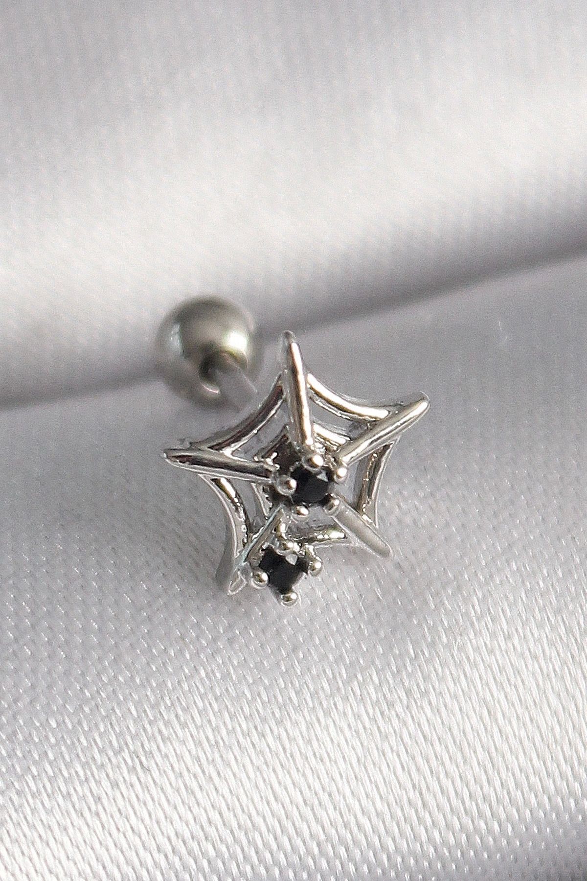 OurStyles 316L Çelik Gümüş Renk Siyah Zirkon Taş Detay Örümcek Ağ Model Tragus Piercing - TJ-PR1293