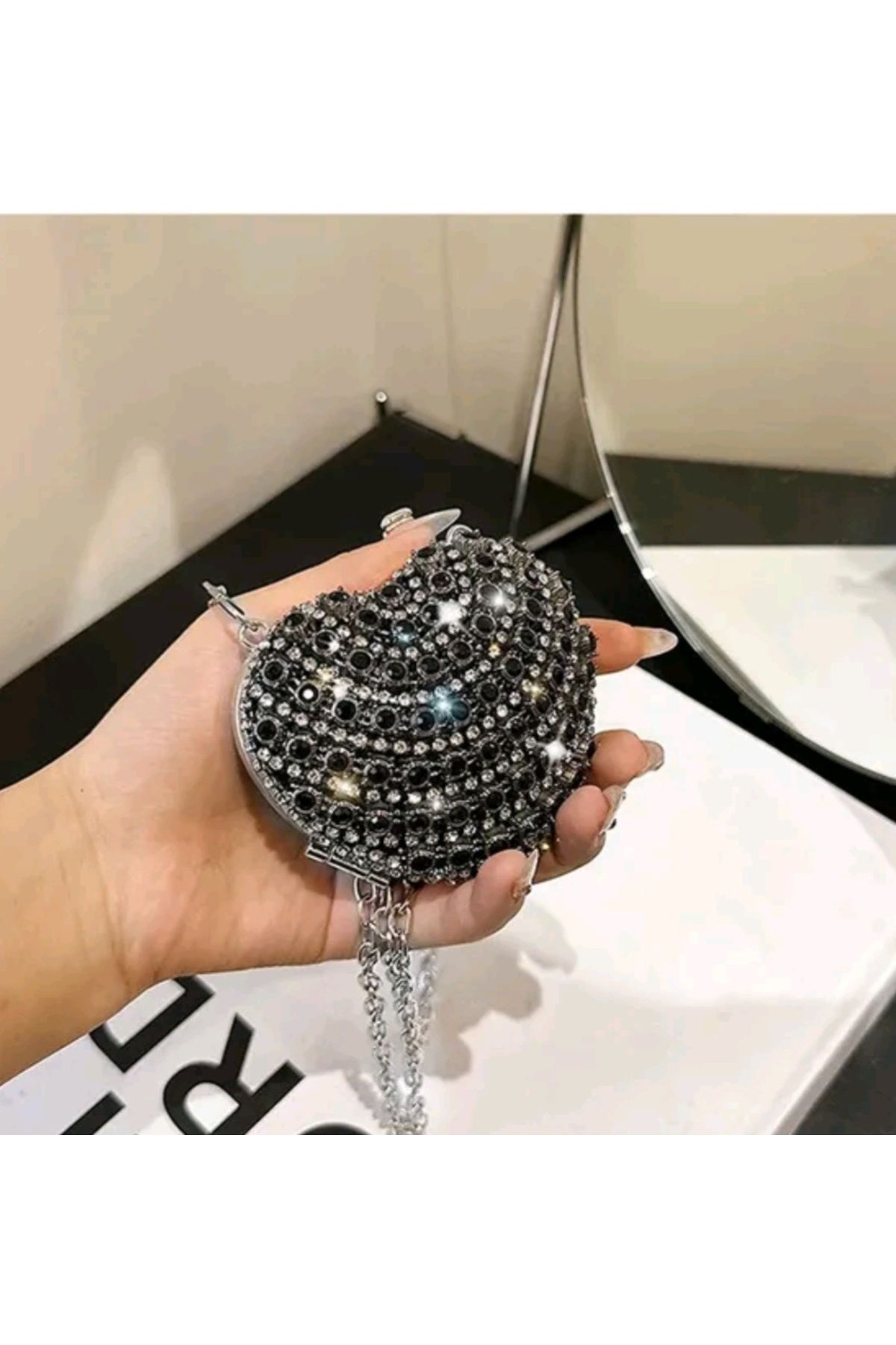 İthal Siyah Taşlı Metal Kalp Micro Çanta
