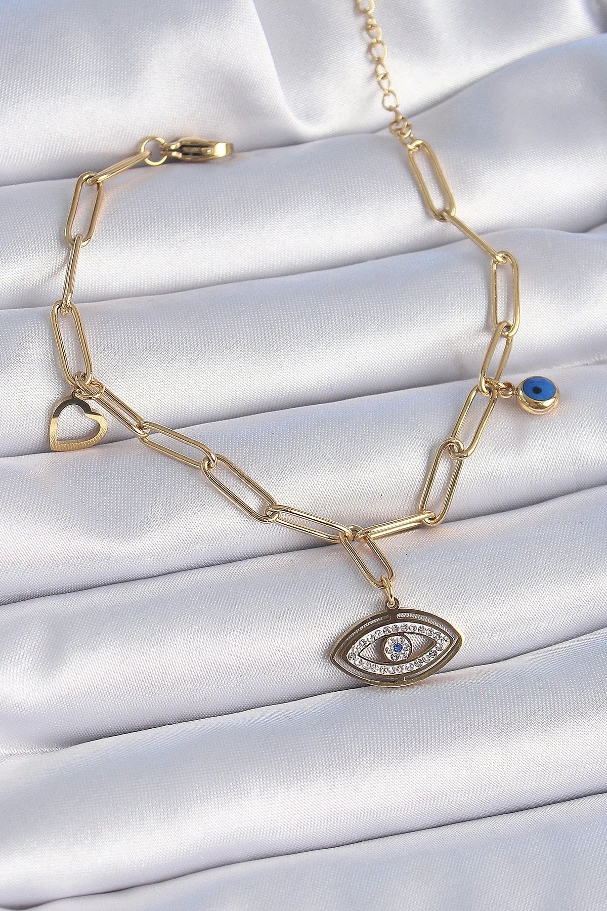 OurStyles 316L Çelik Gold Renk Zirkon Taşlı Göz Figür Kalp Detay Kadın Bileklik - TJ-BB6443