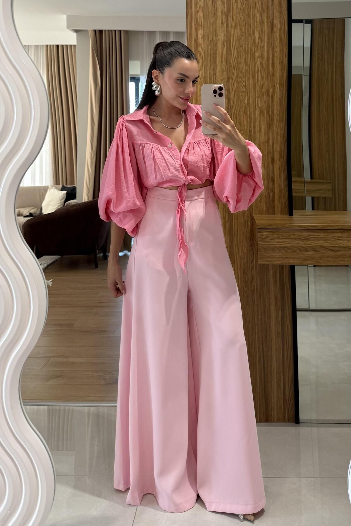 Gizem Ecemiş Amely Pembe Geniş Paça Pantolon