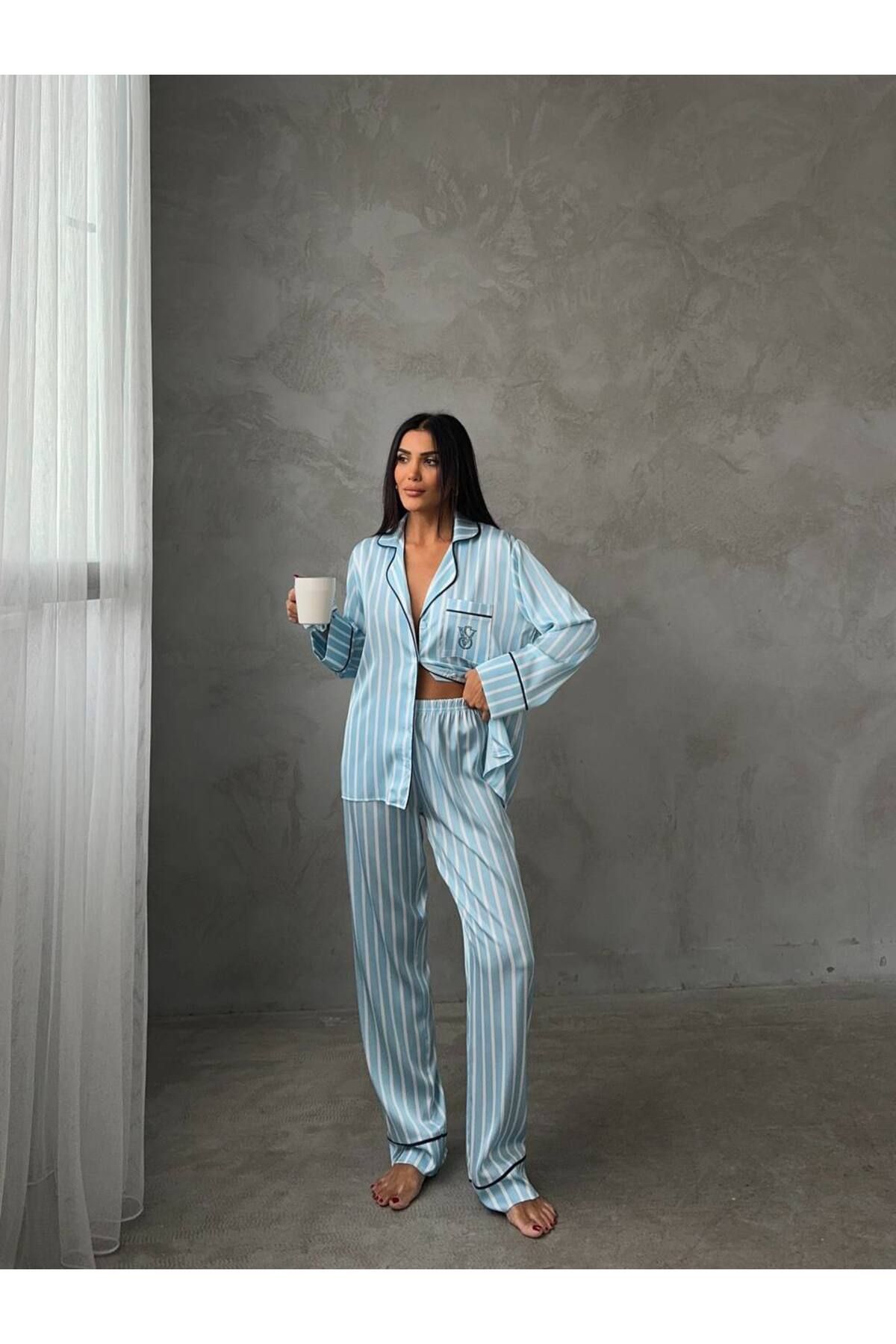 Butik VS MAVİ ÇİZGİLİ UZUN KOLLU SATEN PİJAMA TAKIMI