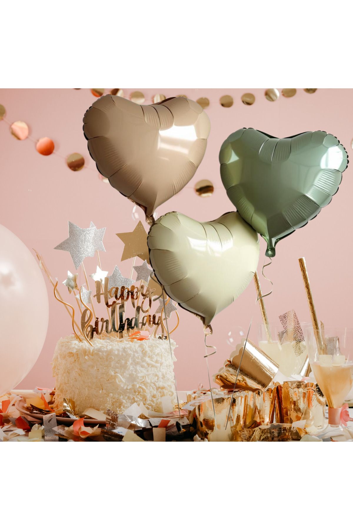 tedaks 3 Adet 18 inç 45 Cm Retro Kalp Folyo Balon (Ten Krem Yeşil)