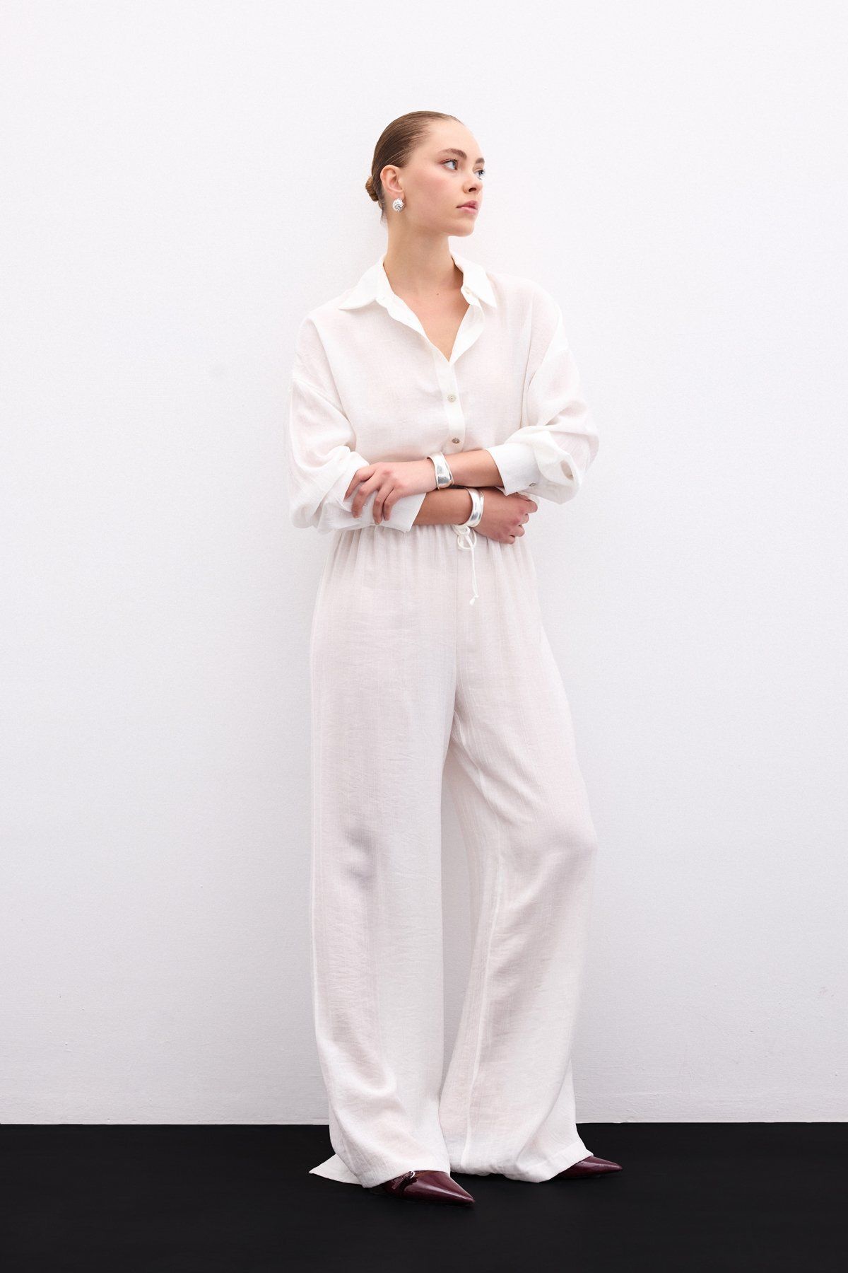 Sateen-Elastic Waist Trousers - Ecru 4