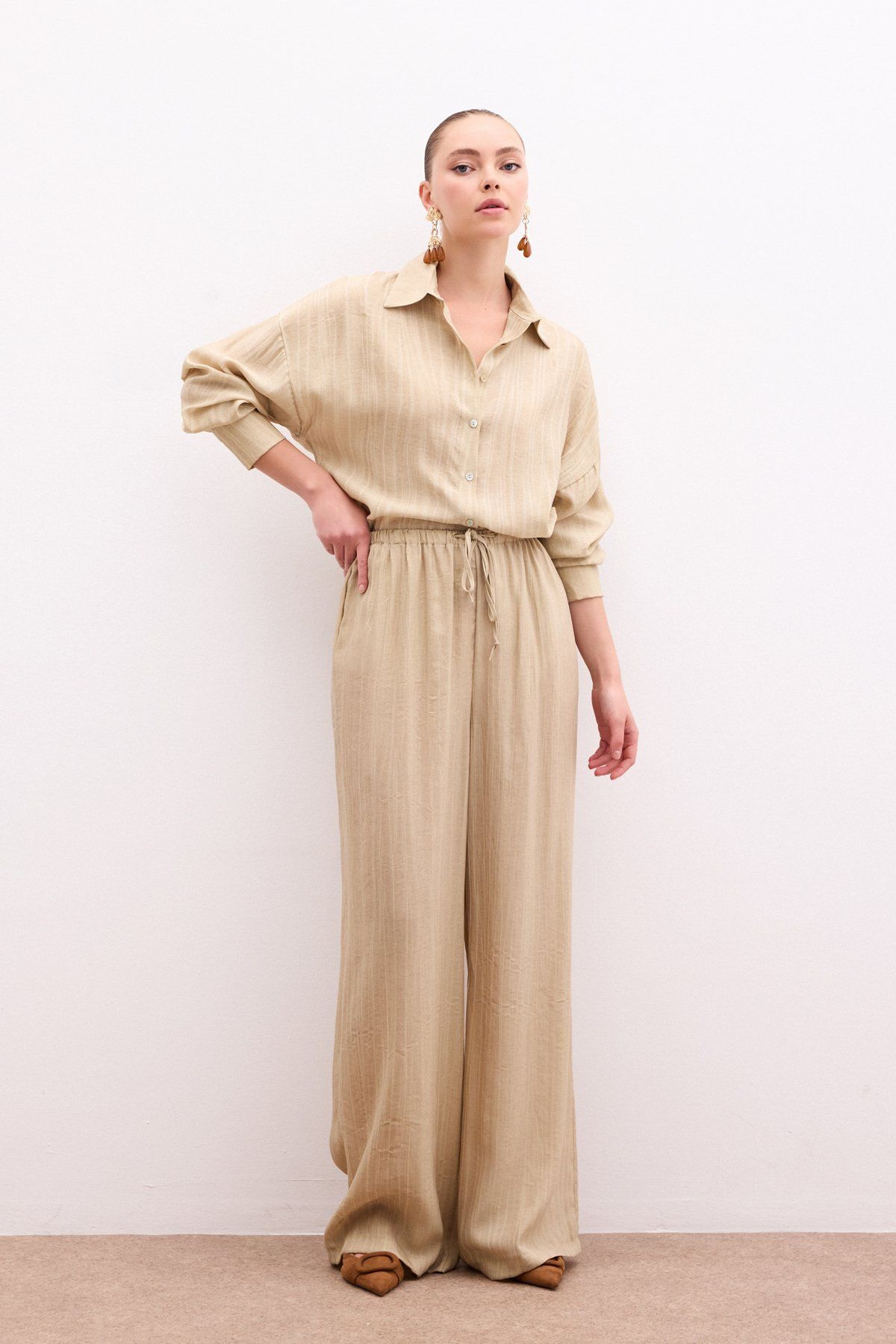 Sateen Bel Lastikli Pantolon - Haki