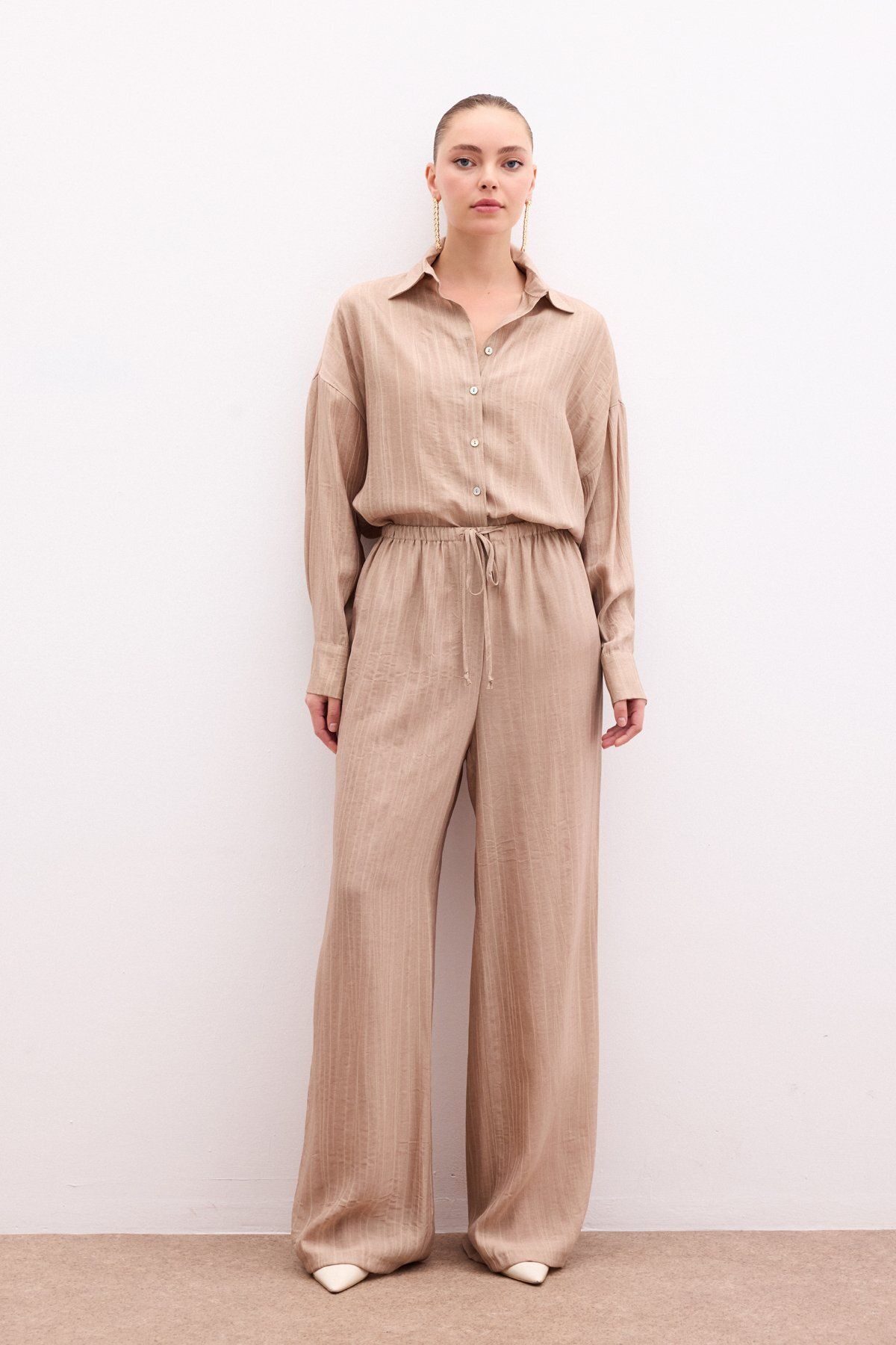 Sateen Bel Lastikli Pantolon - Camel