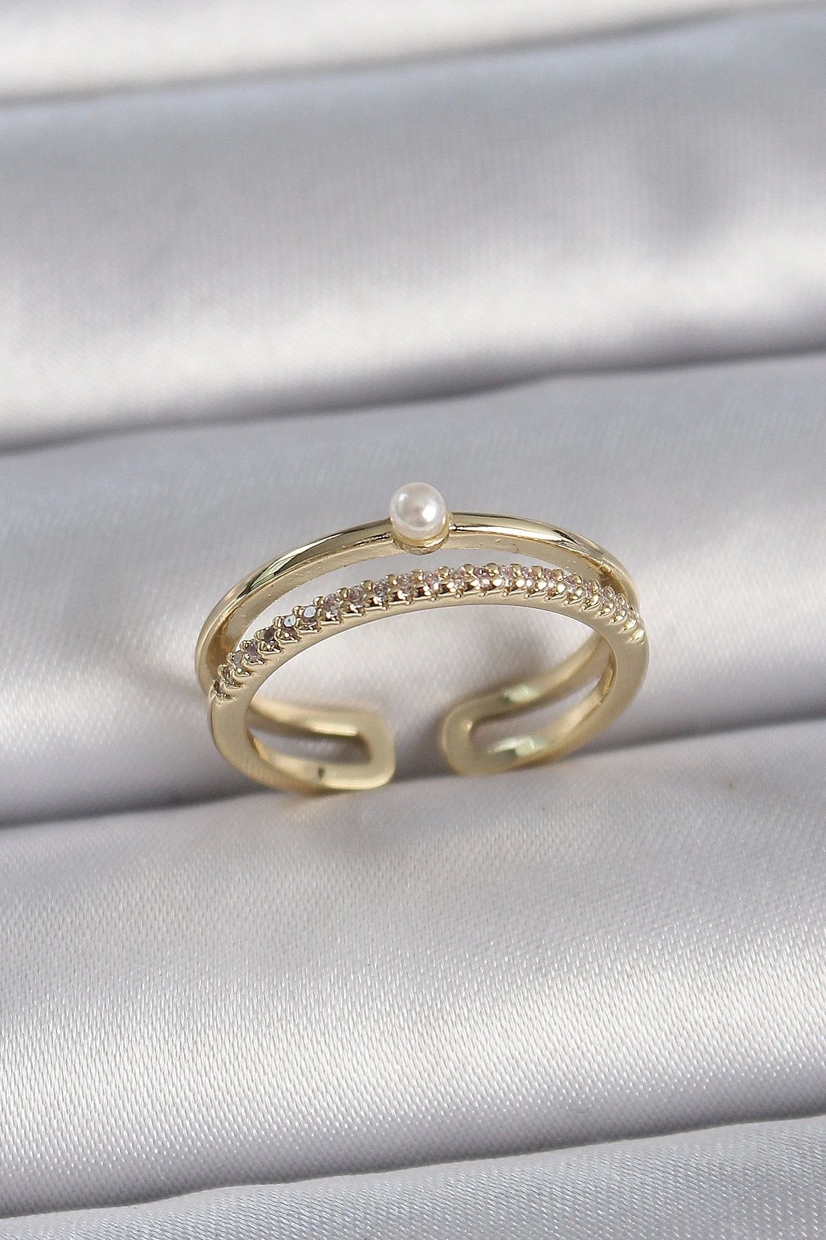 OurStyles Pirinç Gold Renk Zirkon Taşlı İnci Detay Ayarlanabilir Model Kadın Yüzük - TJ-BYK3370