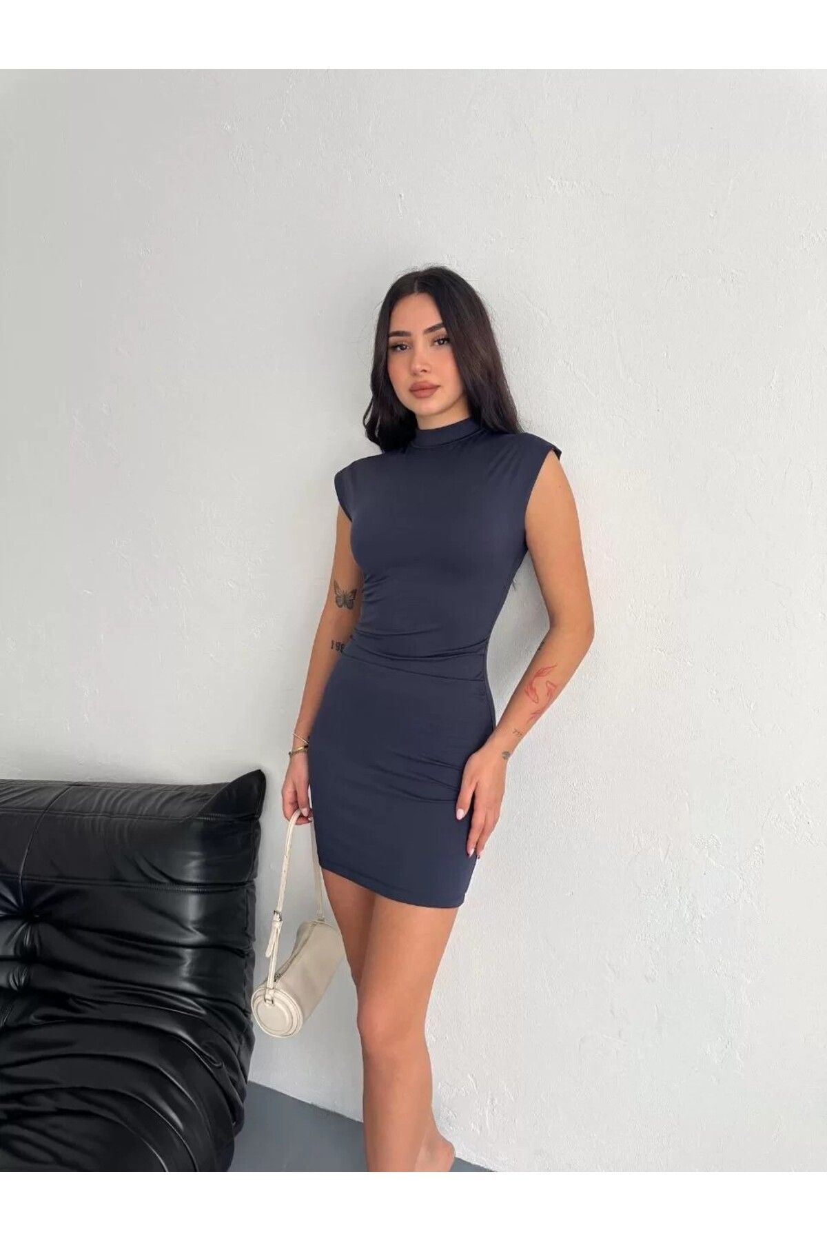 AMO Yarım Bogazlı Kolsuz Mini Boy Elbise - Lacivert