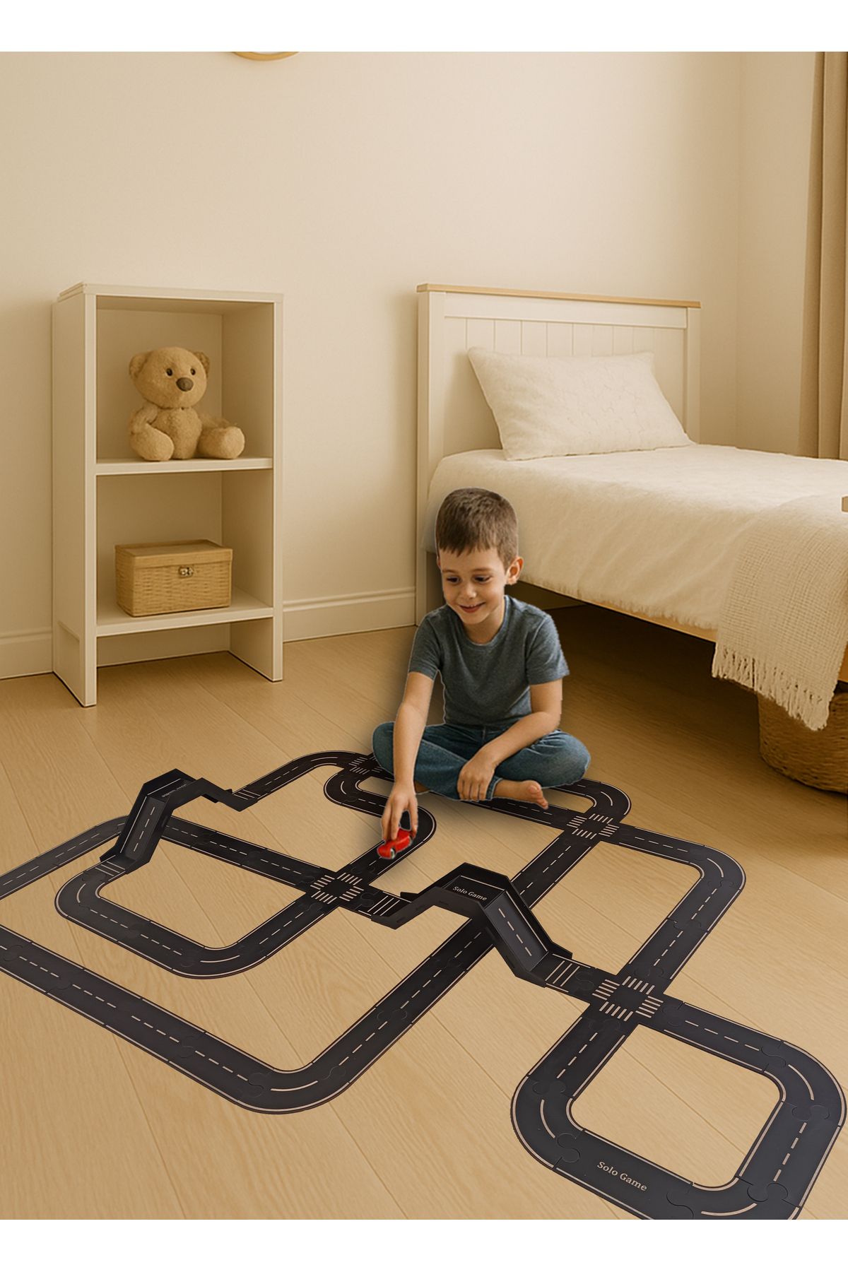 solo toys Kendin Yap Yol Seti – 65 Parça XLarge Araba Şehir Parkuru | Eğitici Ahşap Puzzle Seti