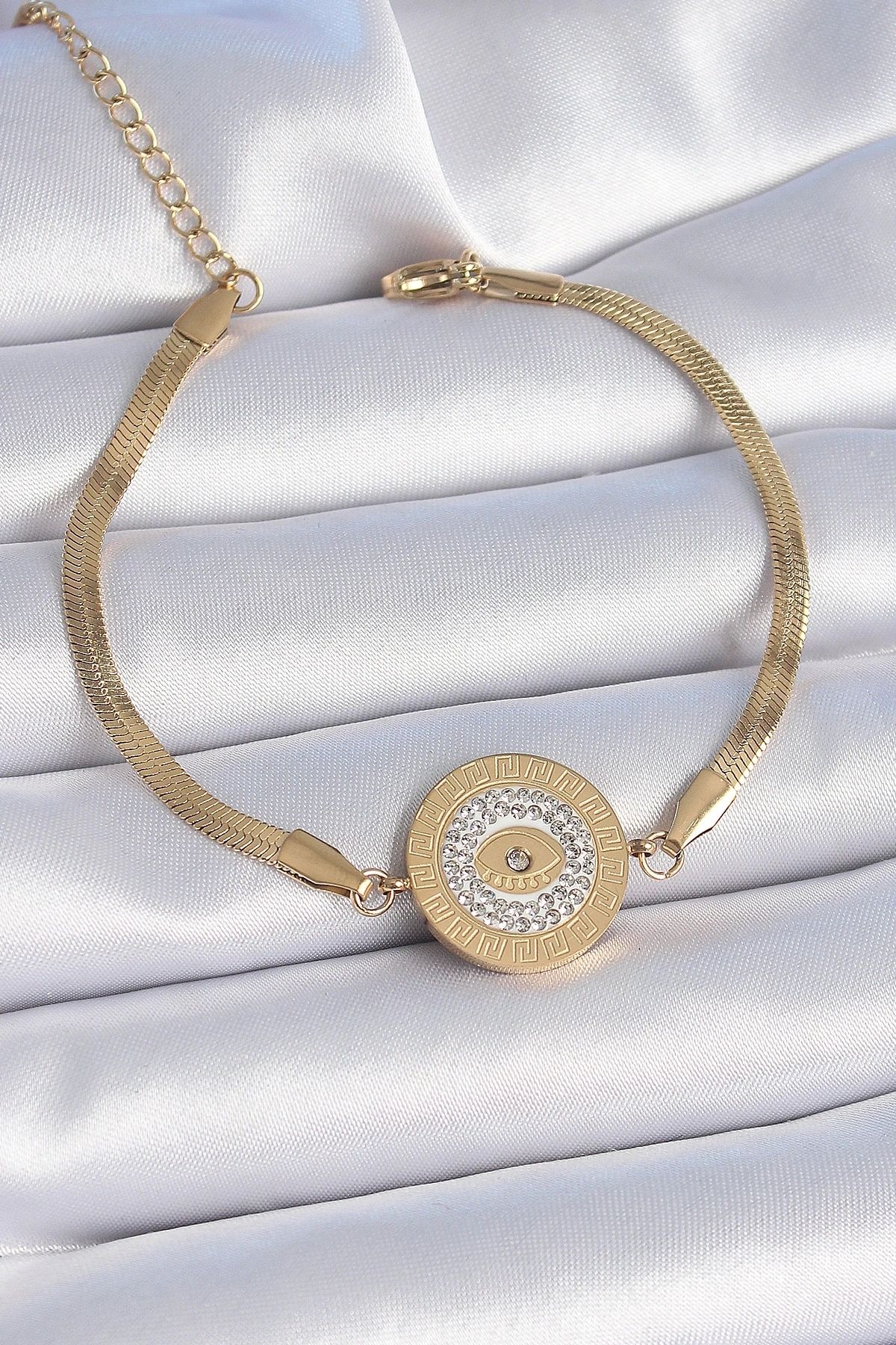 OurStyles 316L Çelik Gold Renk İtalyan Zincir Zirkon Taşlı Göz İşlemeli Madalyon Model Kadın Bileklik - TJ-BB6