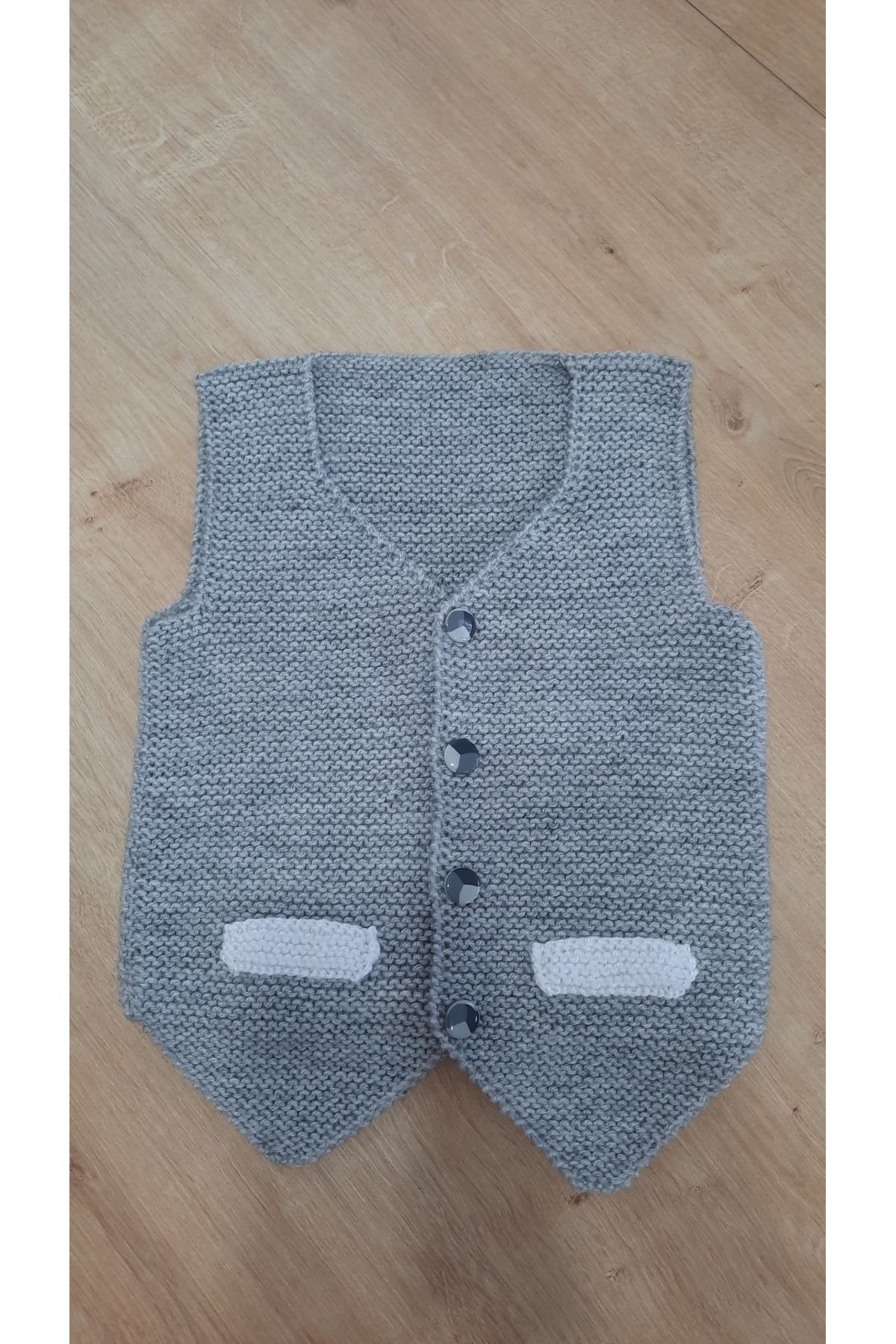 El örgüsü BEBE YÜNÜ EL ÖRGÜSÜ ERKEK BEBEK YELEK 6-18 AY UYUMLU GRİ