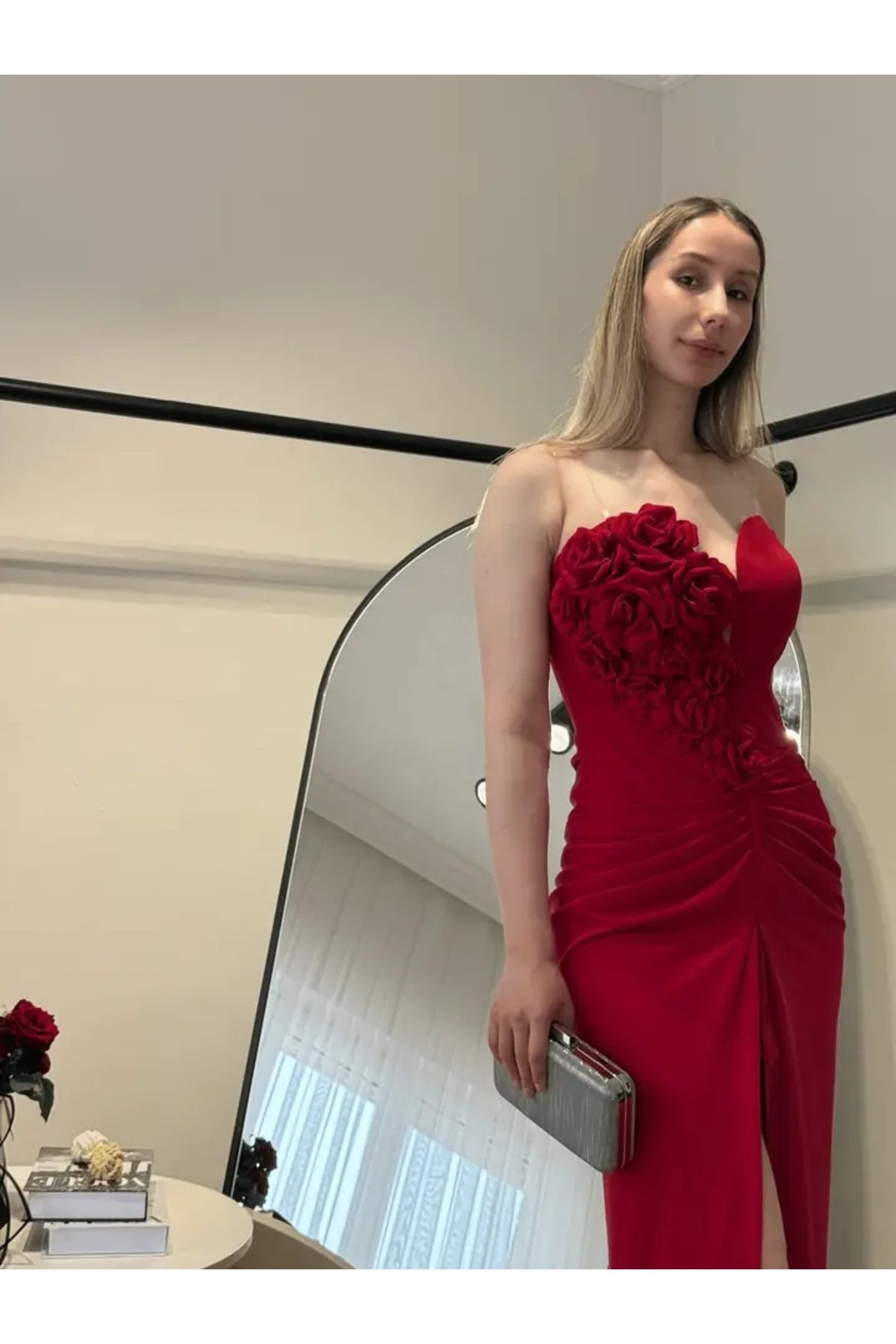 Hennin Gül Detaylı Abiye Elbise 8025