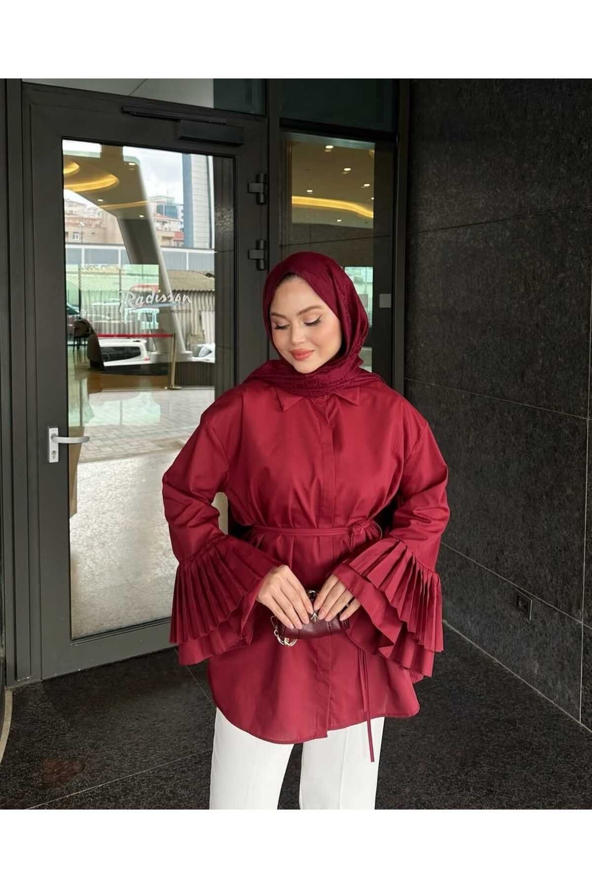 by nursel çiçek Kadın Trend Kolları Piliseli Poplin Gömlek