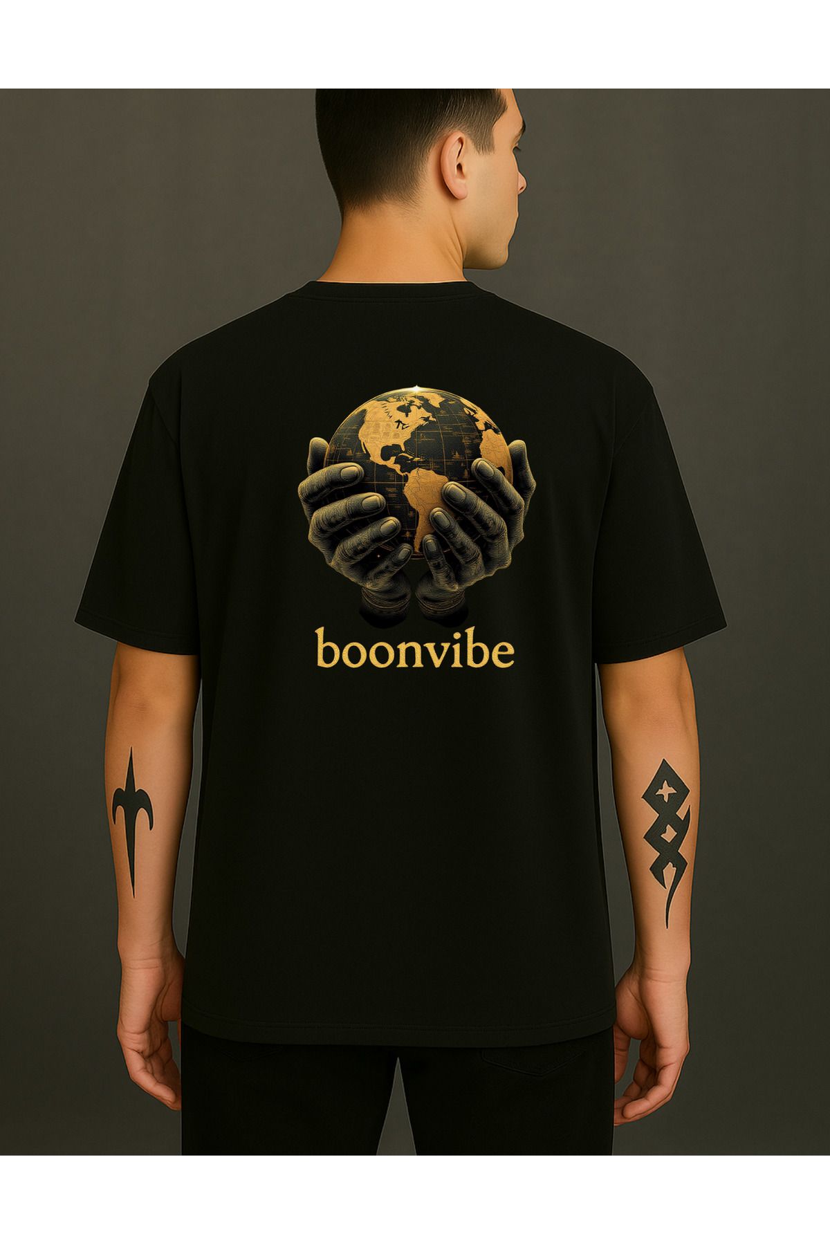 Boonvibe %100 Pamuk Rahat Kalıp Sırt Baskılı T-Shirt